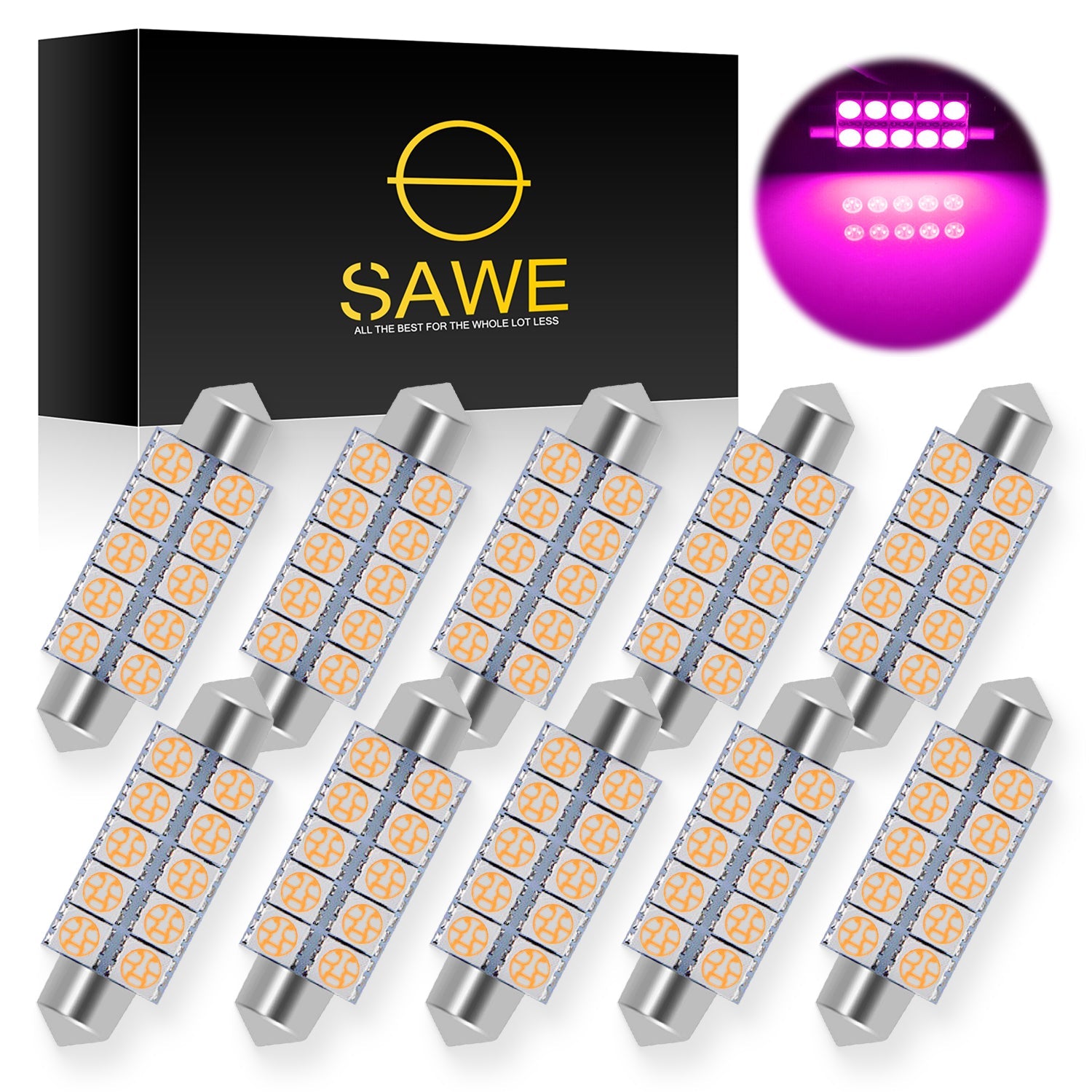 SAWE ® 578 211-2 212-2 44mm LED Bulb 5050 10SMD Interior Dome Map Door Courtesy Light Trunk Lights - Pink SAWE Lighting