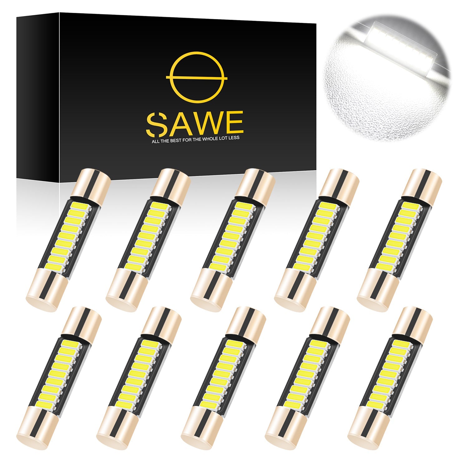 SAWE ® T6 6641 6612F 28mm 9SMD LED Bulbs Sun Visor Vanity Mirror Fuse Lights - 6000K White SAWE Lighting
