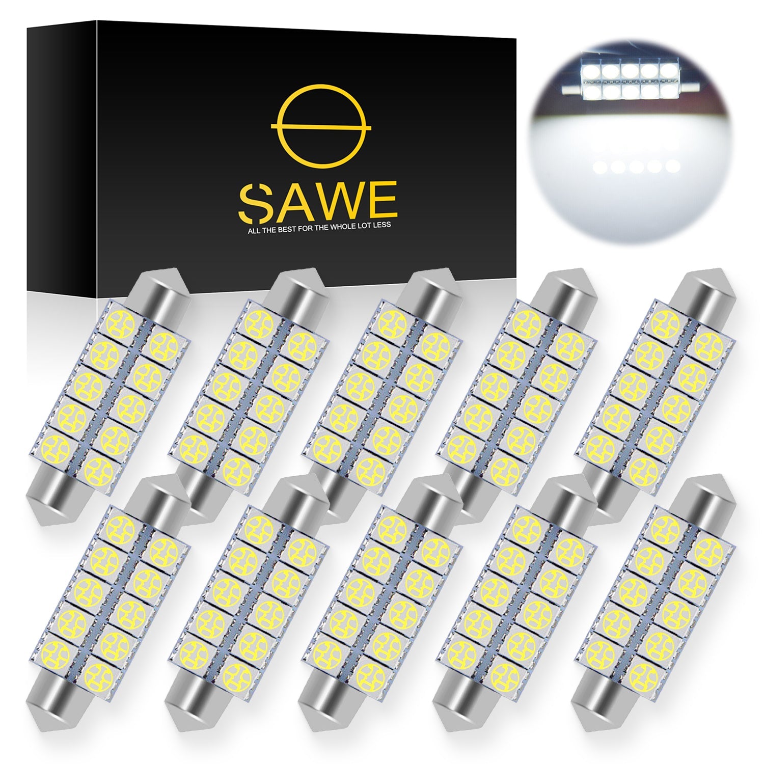 SAWE ® 578 211-2 212-2 44mm LED Bulb 5050 10SMD Interior Dome Map Door Courtesy Light Trunk Lights - White SAWE Lighting