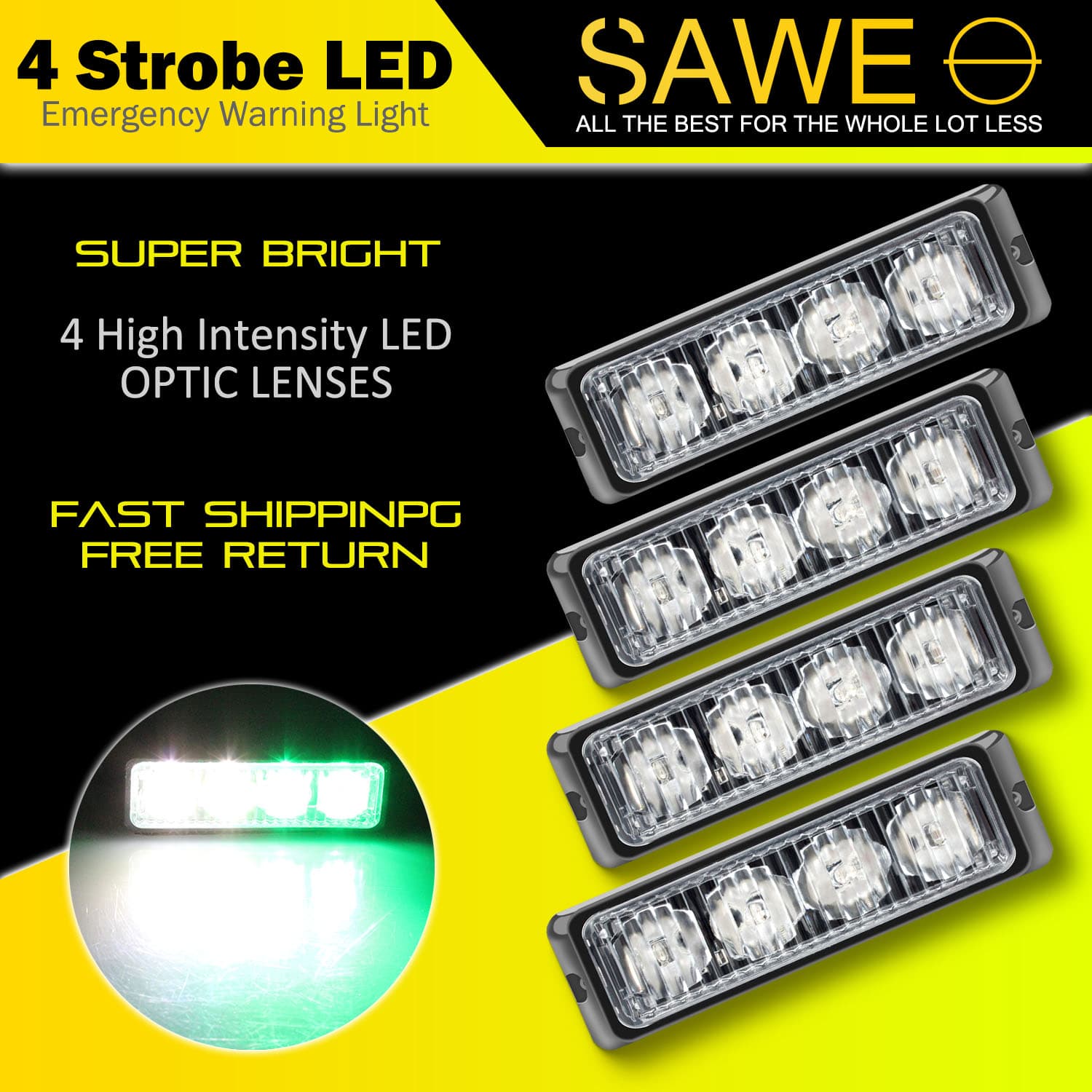 Premier Emergency LED Strobe Lights Bar for Offroad Car Truck Warning Hazard Flash Grille and Surface Mount Light - Green / White 4-LED SAWE Lighting