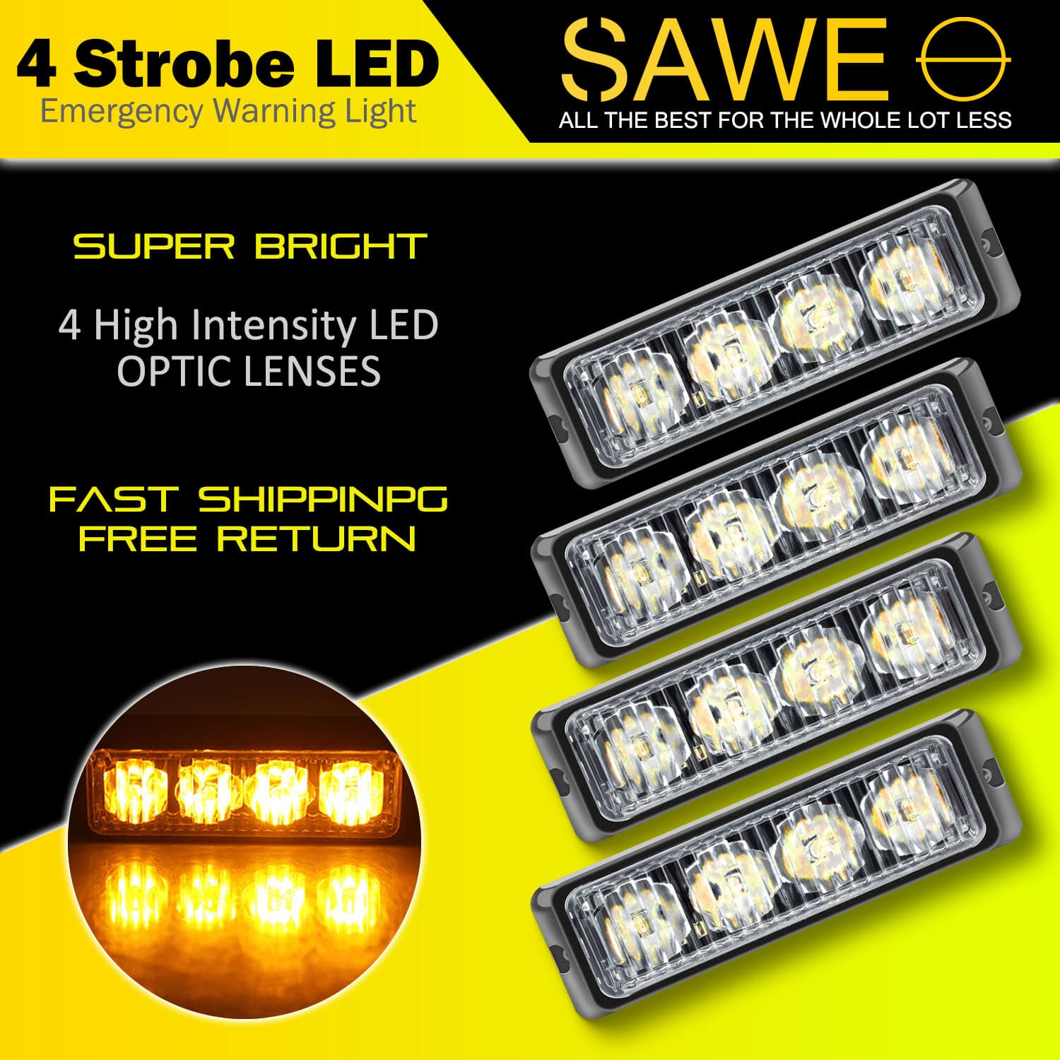 Premier Emergency LED Strobe Lights Bar for Offroad Car Truck Warning Hazard Flash Grille and Surface Mount Light - Amber 4-LED SAWE Lighting