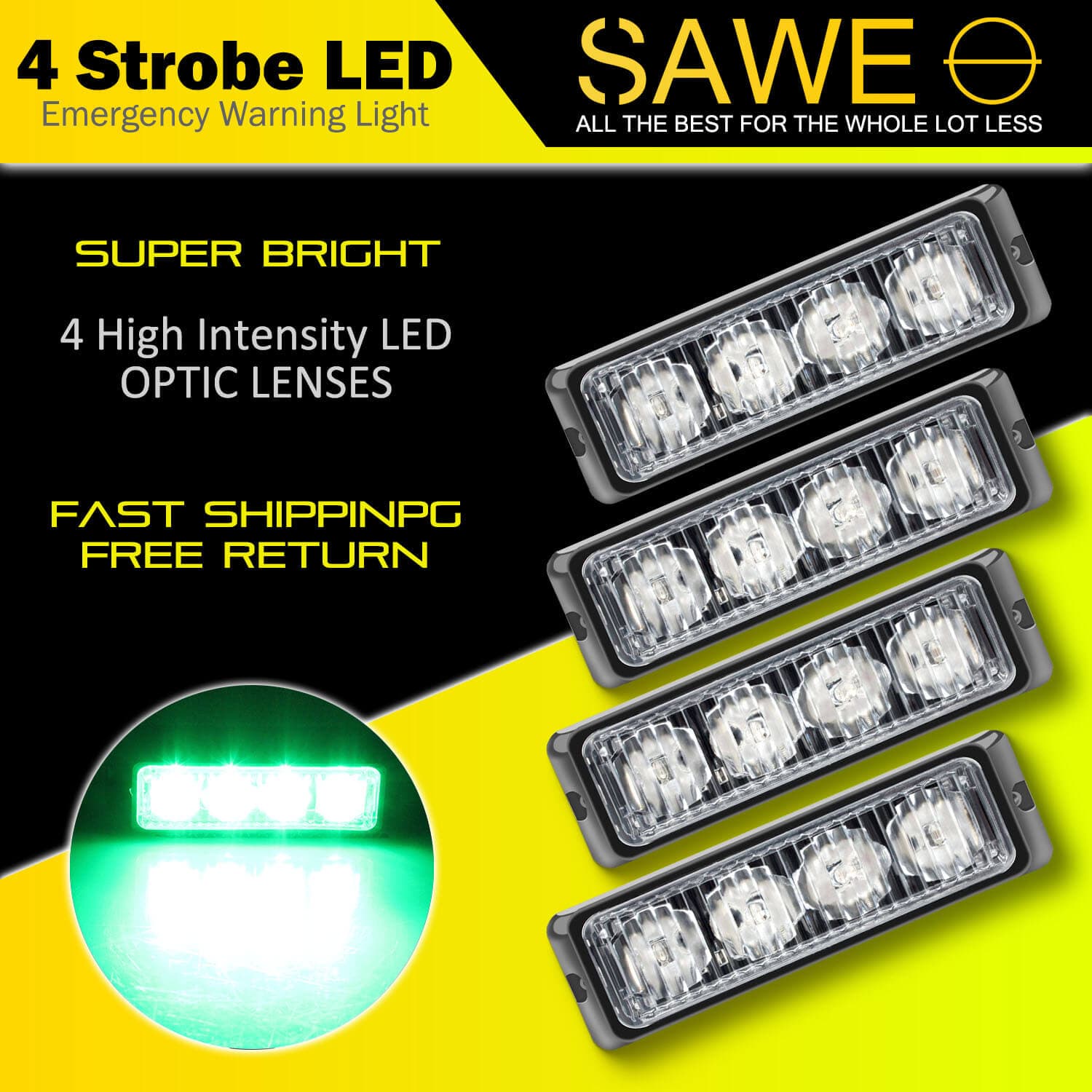 Premier Emergency LED Strobe Lights Bar for Offroad Car Truck Warning Hazard Flash Grille and Surface Mount Light - Green 4-LED SAWE Lighting