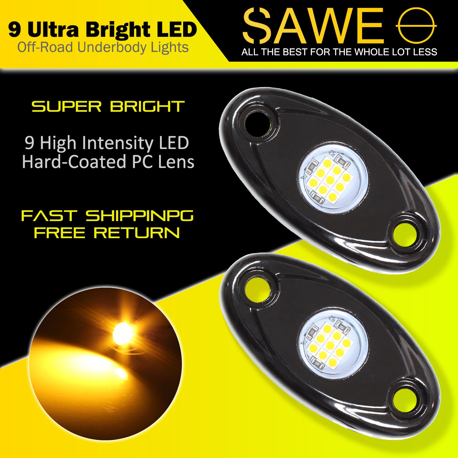 LED Rock Light Pods Lights for Offroad Car Truck ATV Underbody Wheel Grille and Surface Mount - Amber SAWE Lighting