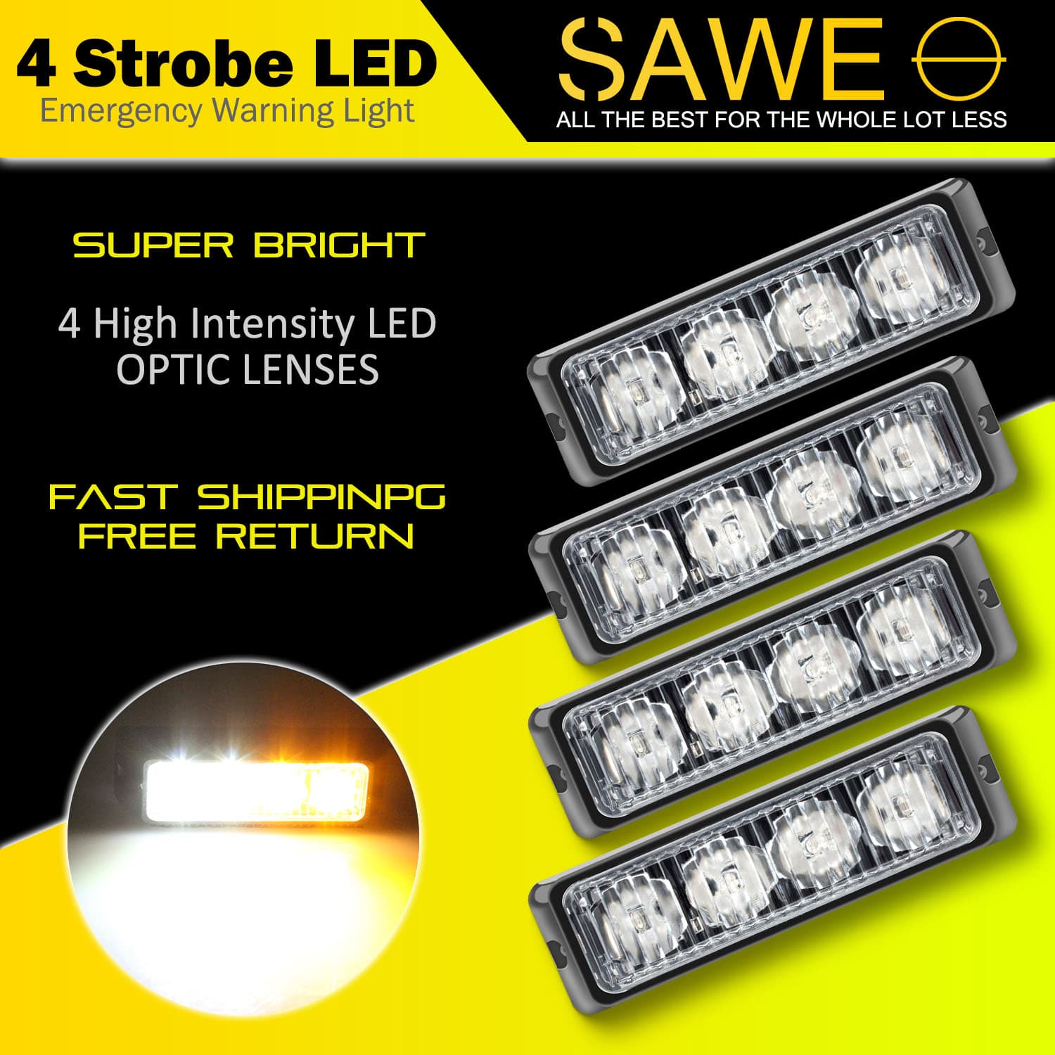 Premier Emergency LED Strobe Lights Bar for Offroad Car Truck Warning Hazard Flash Grille and Surface Mount Light - Amber / White 4-LED SAWE Lighting
