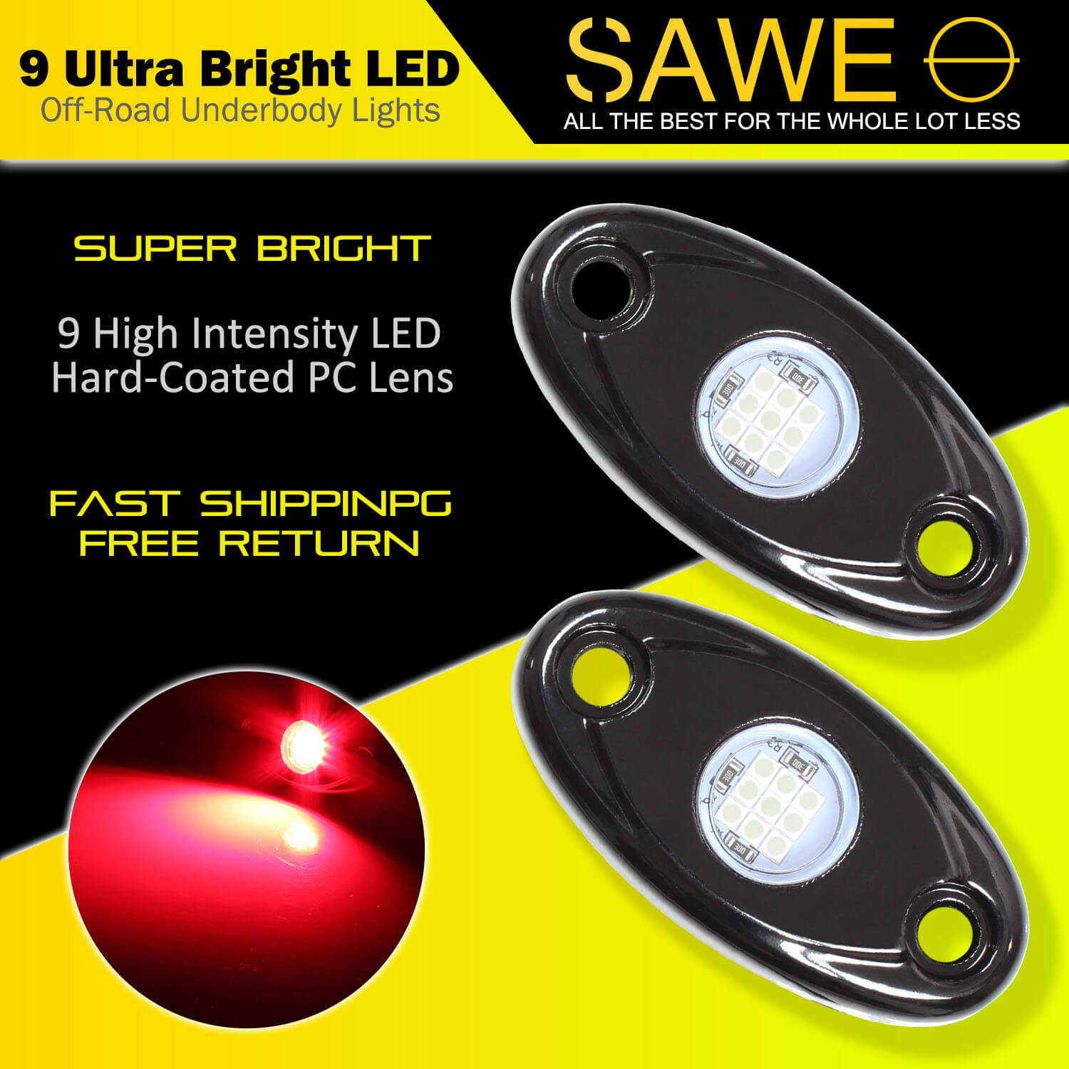 LED Rock Light Pods Lights for Offroad Car Truck ATV Underbody Wheel Grille and Surface Mount - Red SAWE Lighting