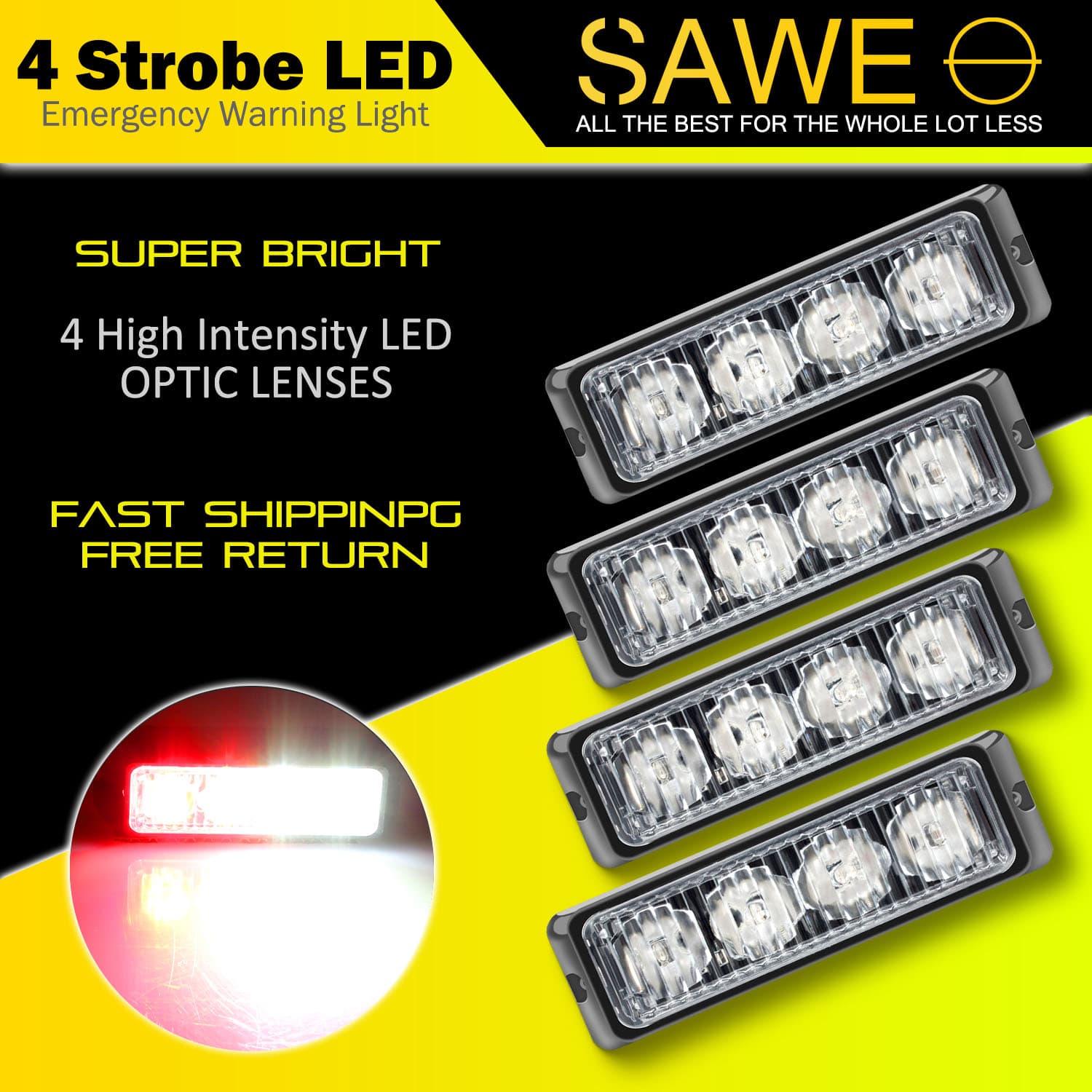 Premier Emergency LED Strobe Lights Bar for Offroad Car Truck Warning Hazard Flash Grille and Surface Mount Light - Red / White 4-LED SAWE Lighting