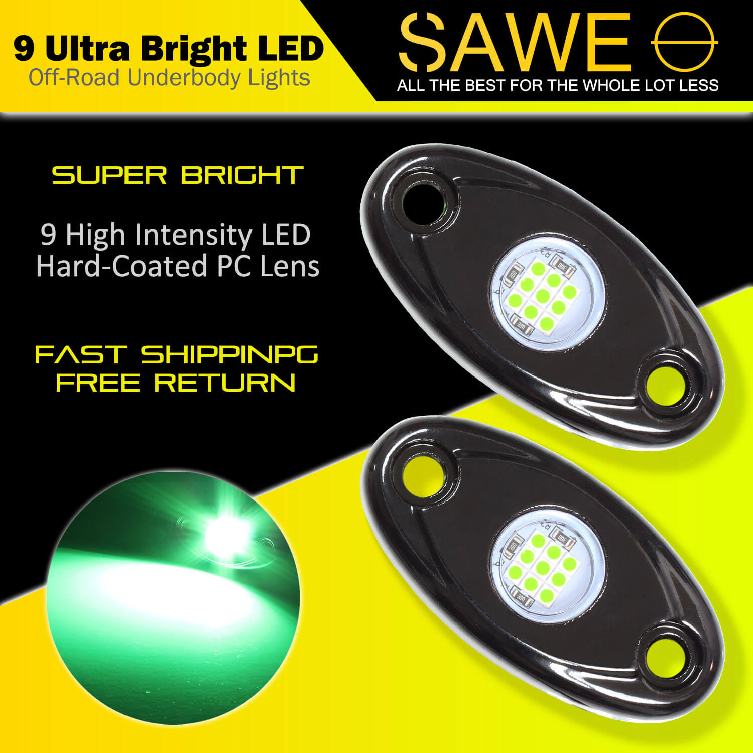LED Rock Light Pods Lights for Offroad Car Truck ATV Underbody Wheel Grille and Surface Mount - Green SAWE Lighting