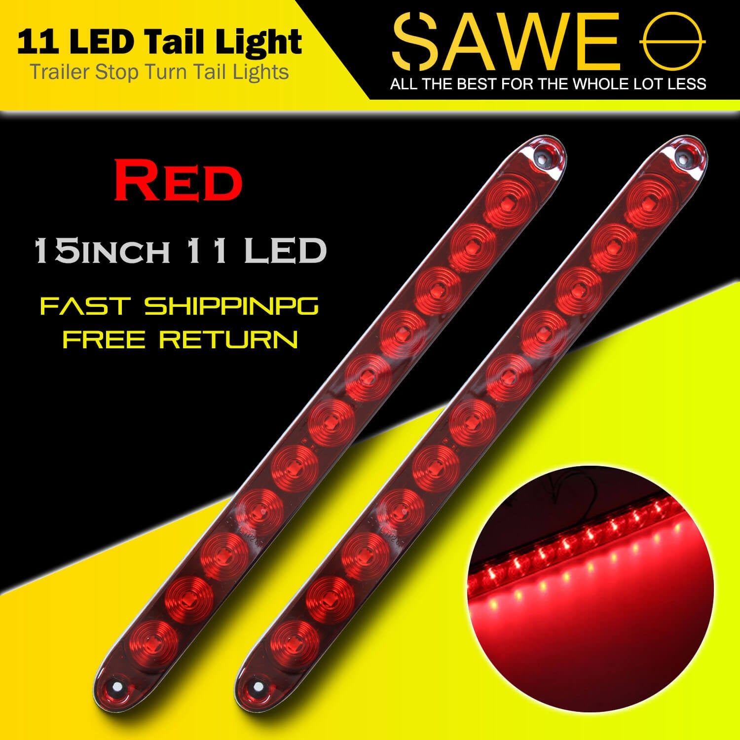11-LED 15" Inch Red Sealed LED Truck Trailer Strip 3rd Brake Lights Rear Turn Tail Light Bar SAWE Lighting