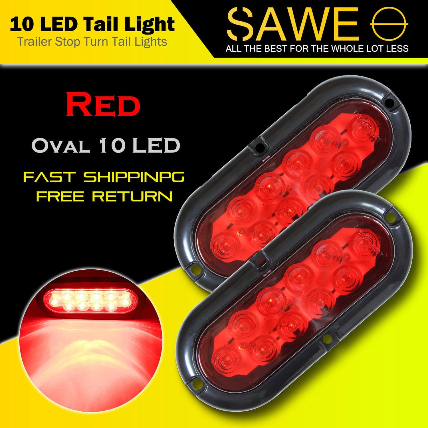 10-LED 6" Inch Red Oval Flush Mount Brake LED Lights Stop Tail Light for Car Truck Trailer SAWE Lighting