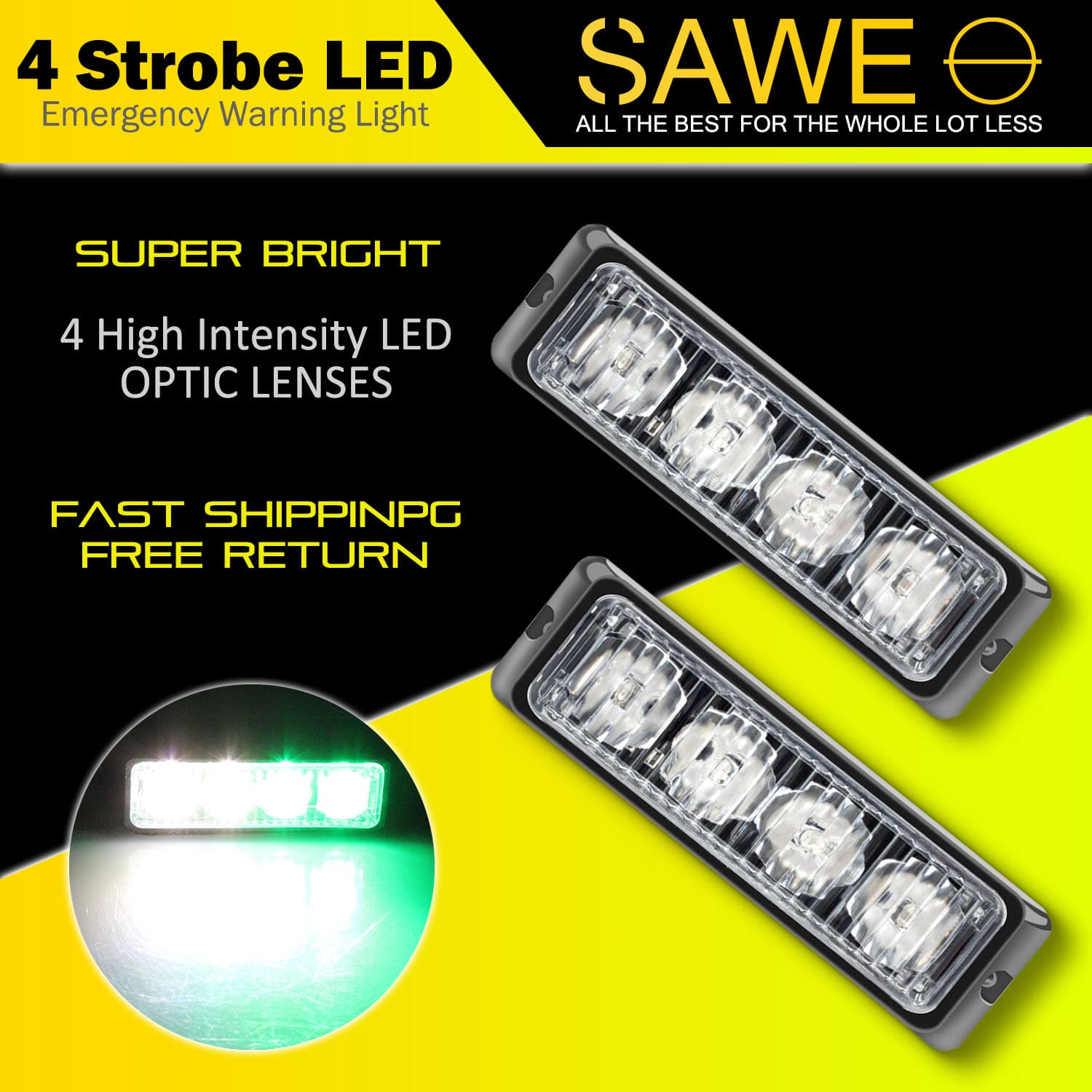 Premier Emergency LED Strobe Lights Bar for Offroad Car Truck Warning Hazard Flash Grille and Surface Mount Light - Green / White 4-LED SAWE Lighting