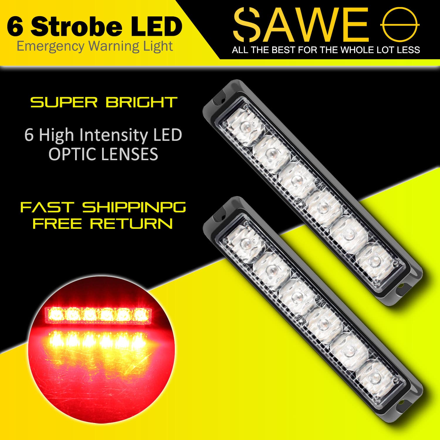 Premier Emergency LED Strobe Lights Bar for Offroad Car Truck Warning Hazard Flash Grille and Surface Mount Light - Red 6-LED SAWE Lighting