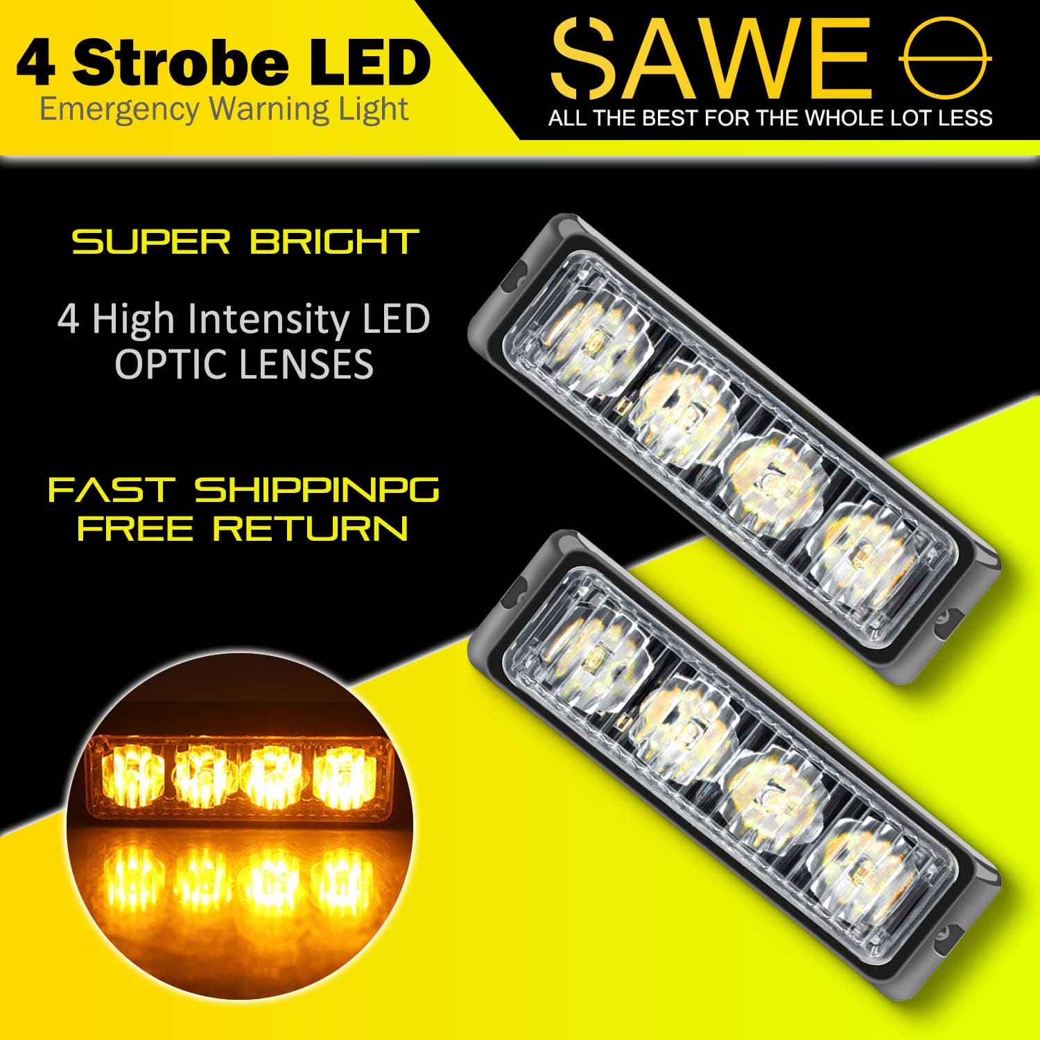 Premier Emergency LED Strobe Lights Bar for Offroad Car Truck Warning Hazard Flash Grille and Surface Mount Light - Amber 4-LED SAWE Lighting