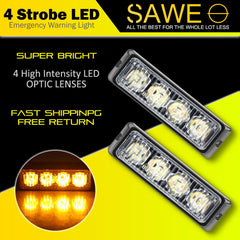 Premier Emergency LED Strobe Lights Bar for Offroad Car Truck Warning Hazard Flash Grille and Surface Mount Light - Amber 4-LED SAWE Lighting