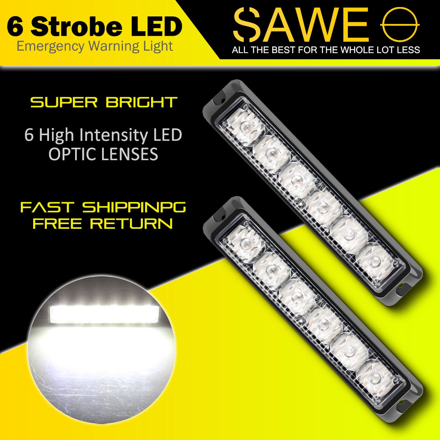 Premier Emergency LED Strobe Lights Bar for Offroad Car Truck Warning Hazard Flash Grille and Surface Mount Light - White 6-LED SAWE Lighting