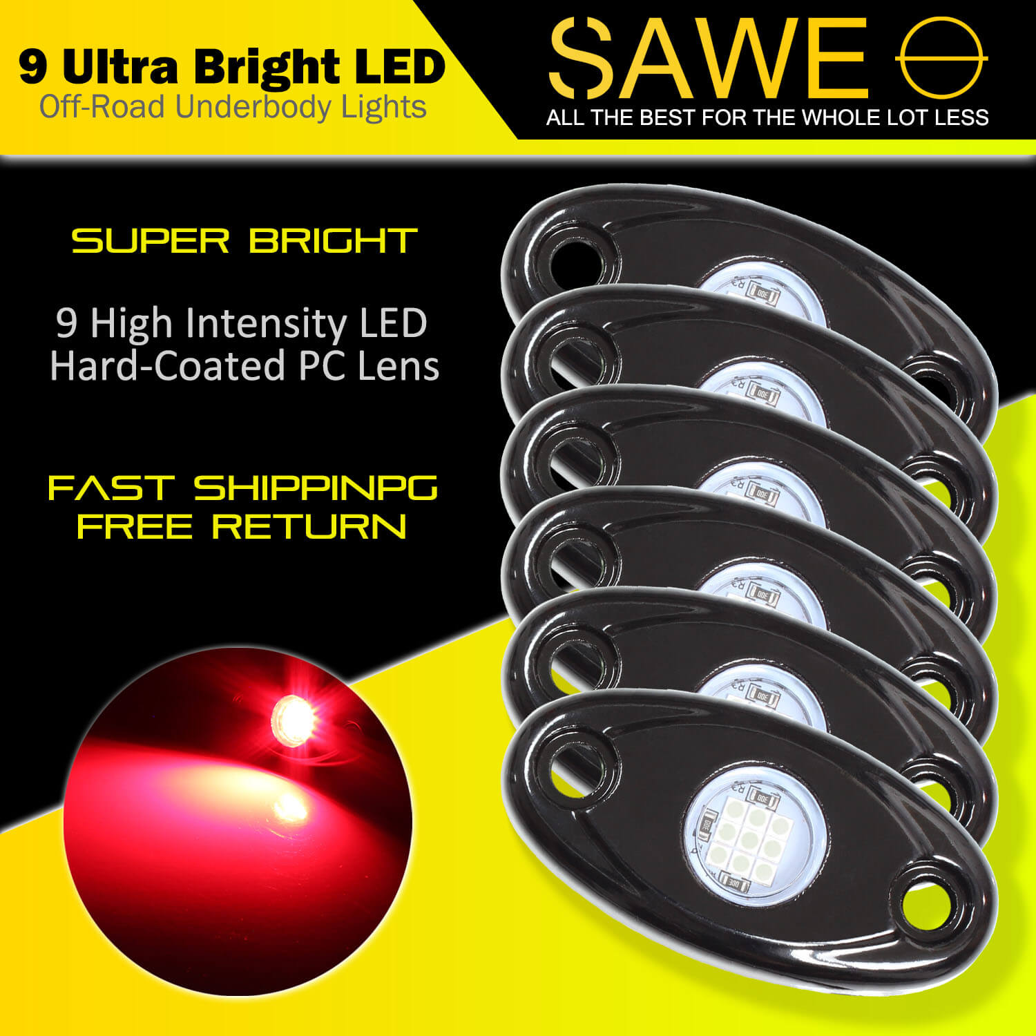 LED Rock Light Pods Lights for Offroad Car Truck ATV Underbody Wheel Grille and Surface Mount - Red SAWE Lighting