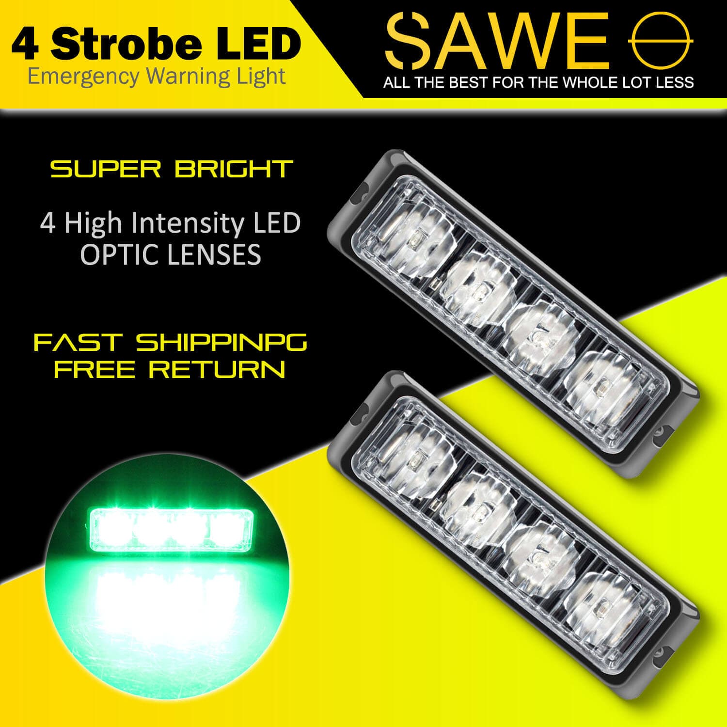 Premier Emergency LED Strobe Lights Bar for Offroad Car Truck Warning Hazard Flash Grille and Surface Mount Light - Green 4-LED SAWE Lighting