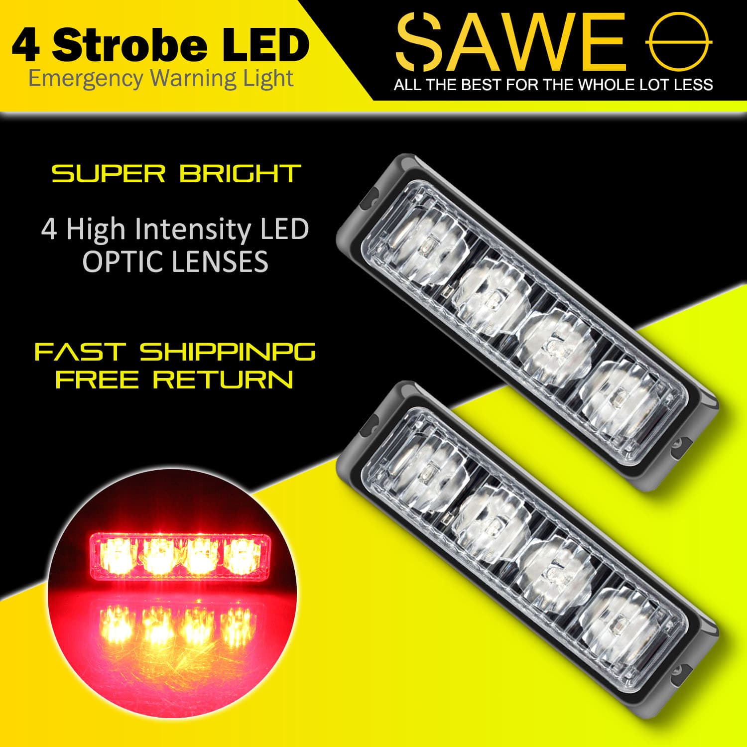 Premier Emergency LED Strobe Lights Bar for Offroad Car Truck Warning Hazard Flash Grille and Surface Mount Light - Red 4-LED SAWE Lighting