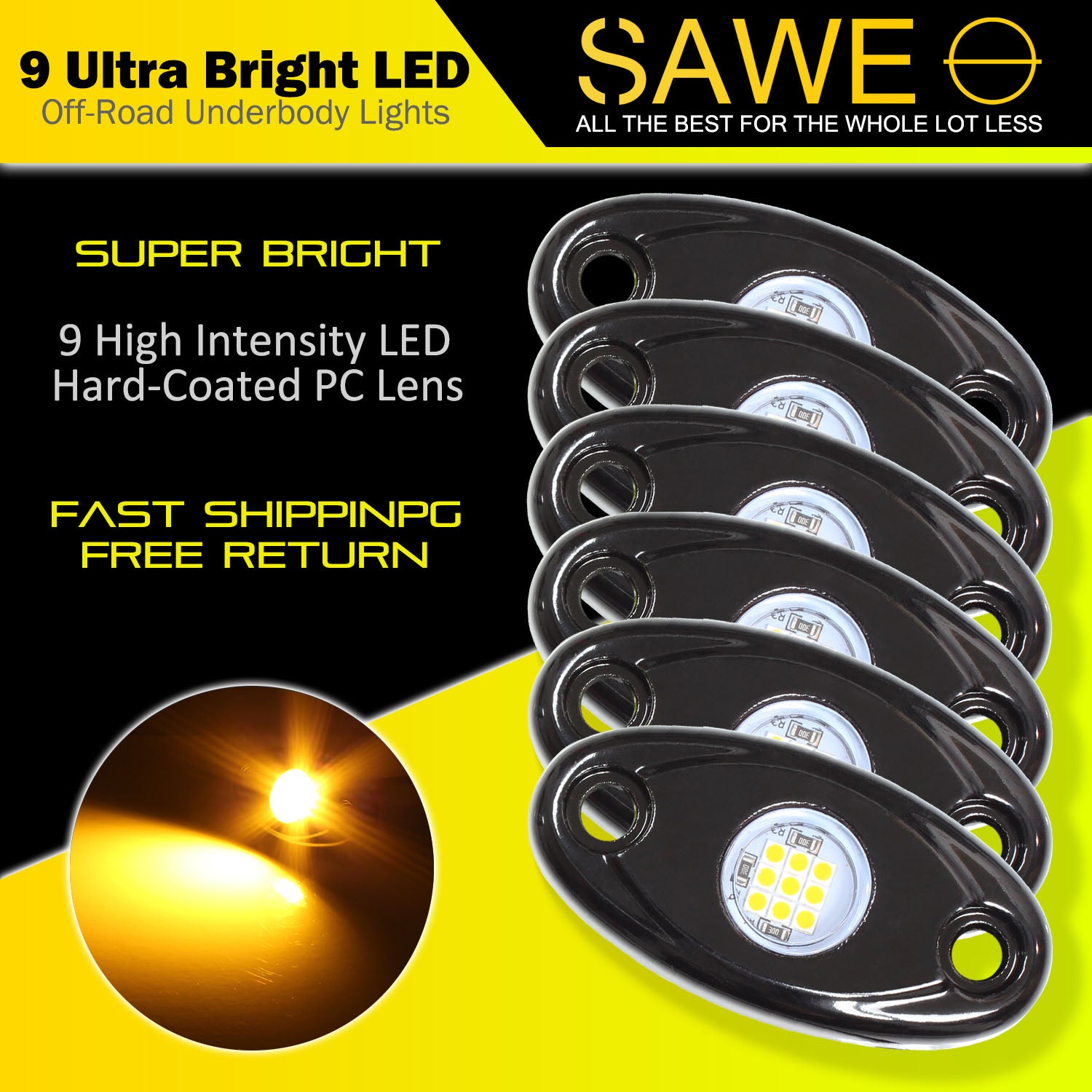 LED Rock Light Pods Lights for Offroad Car Truck ATV Underbody Wheel Grille and Surface Mount - Amber SAWE Lighting