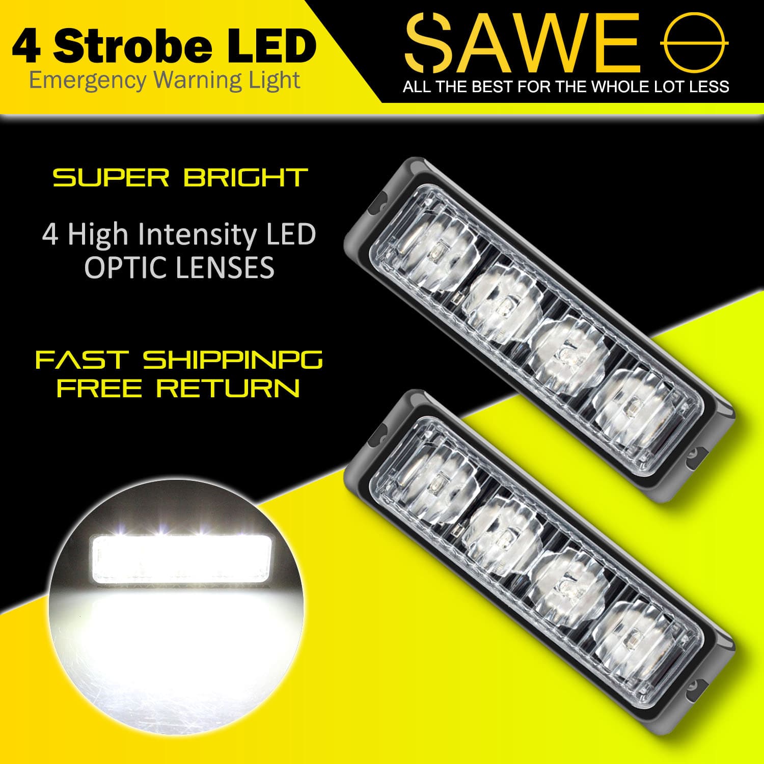 Premier Emergency LED Strobe Lights Bar for Offroad Car Truck Warning Hazard Flash Grille and Surface Mount Light - White 4-LED SAWE Lighting