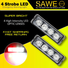 Premier Emergency LED Strobe Lights Bar for Offroad Car Truck Warning Hazard Flash Grille and Surface Mount Light - Red / White 4-LED SAWE Lighting