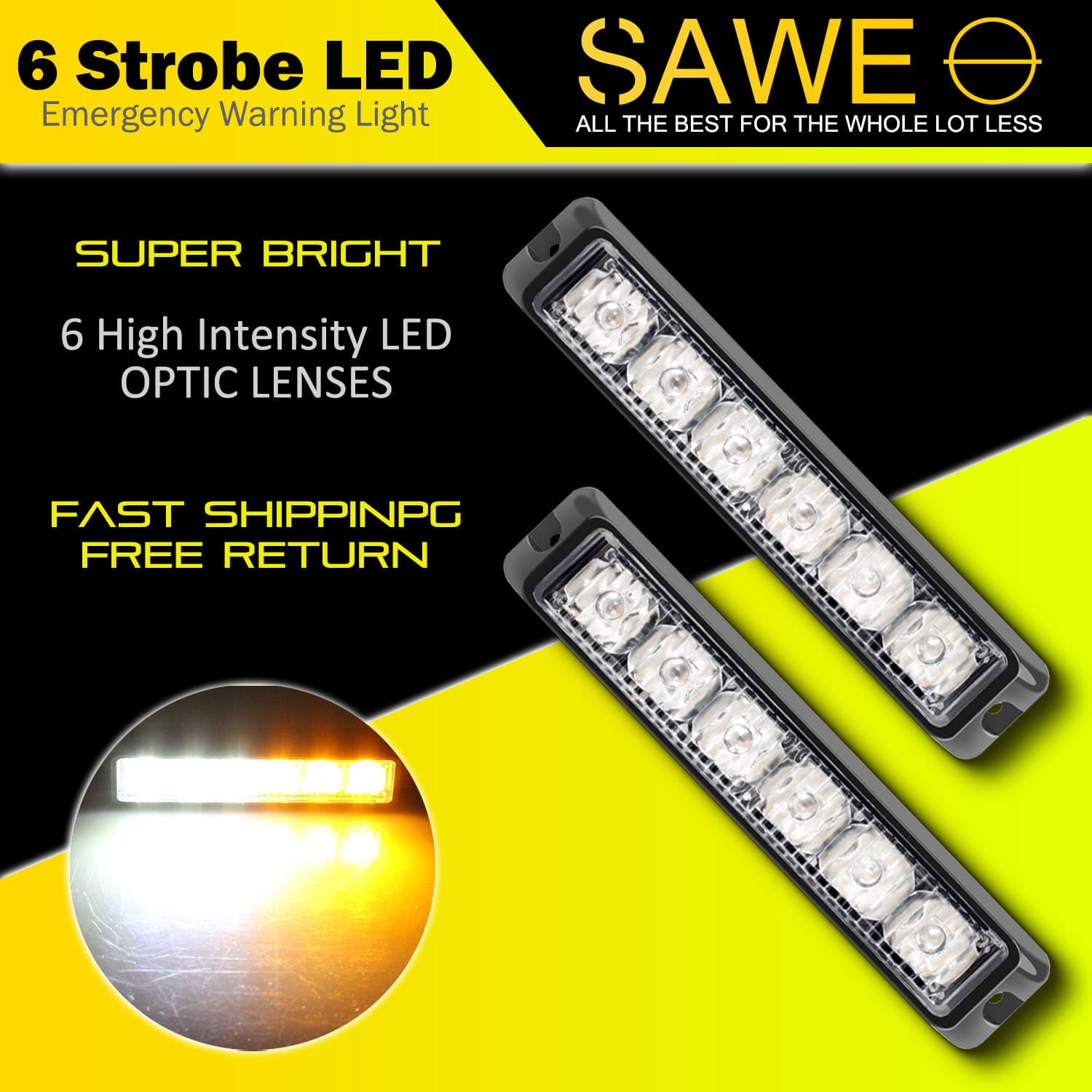 Premier Emergency LED Strobe Lights Bar for Offroad Car Truck Warning Hazard Flash Grille and Surface Mount Light - Amber White 6-LED SAWE Lighting