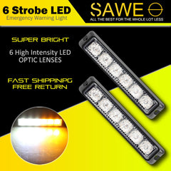 Premier Emergency LED Strobe Lights Bar for Offroad Car Truck Warning Hazard Flash Grille and Surface Mount Light - Amber White 6-LED SAWE Lighting