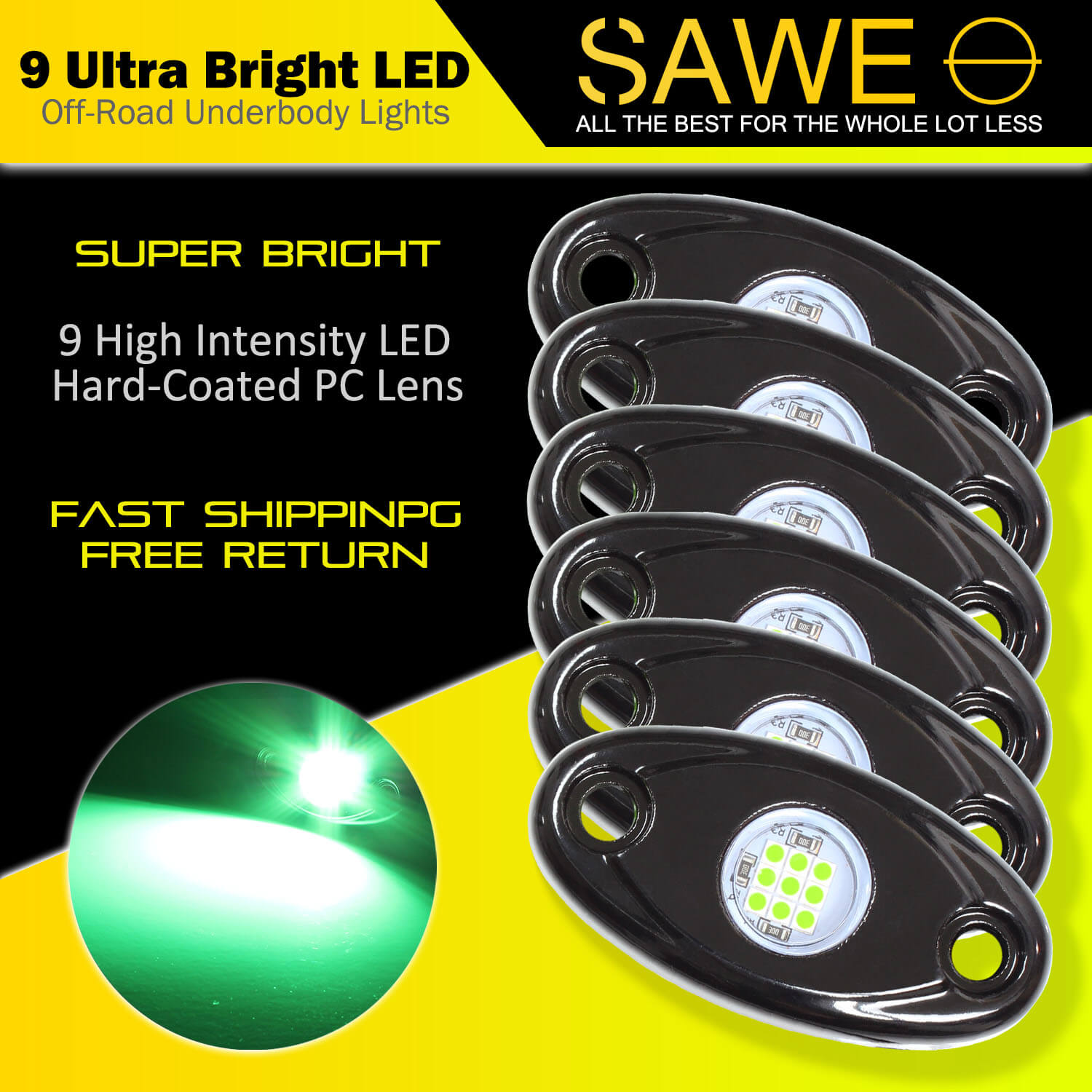 LED Rock Light Pods Lights for Offroad Car Truck ATV Underbody Wheel Grille and Surface Mount - Green SAWE Lighting