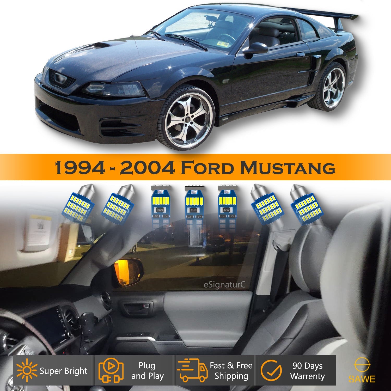 For Ford Mustang Interior LED Lights - Dome & Map Light Bulbs Package Kit for 1994 - 2004 - White SAWE Lighting