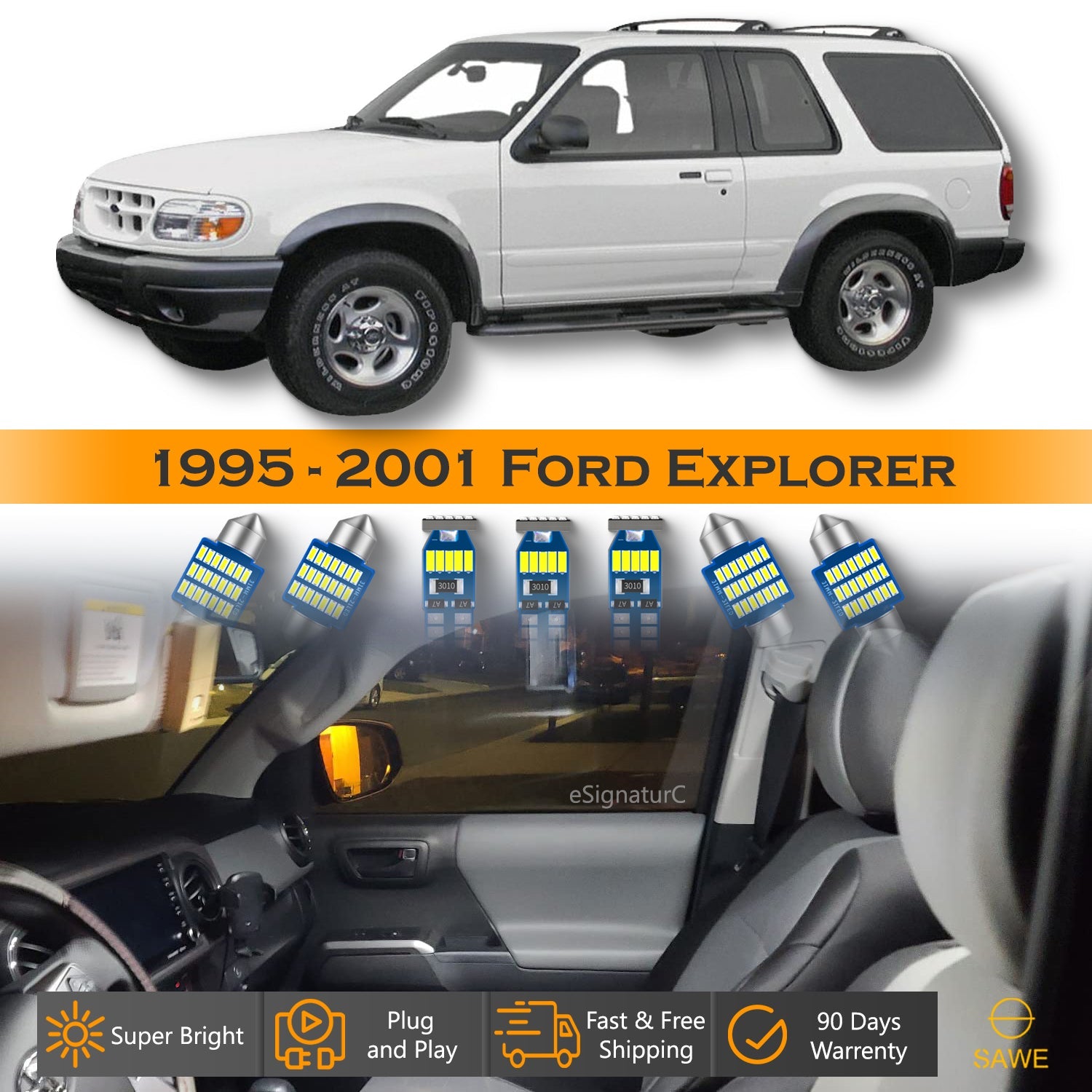 For Ford Explorer Interior LED Lights - Dome & Map Light Bulbs Package Kit for 1995 - 2001 - White SAWE Lighting