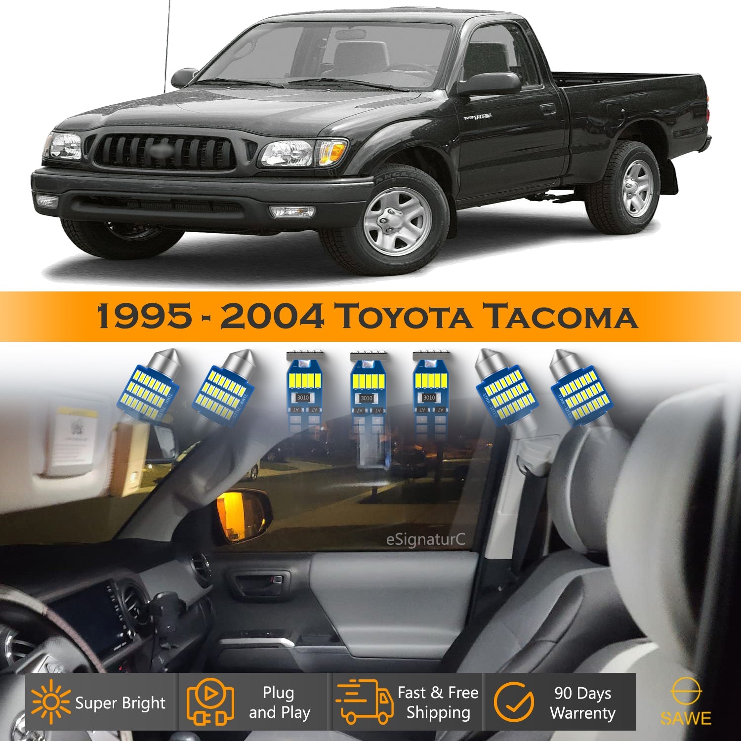 For Toyota Tacoma Interior LED Lights - Dome & Map Lights Package Kit for 1995 - 2004 - White SAWE Lighting