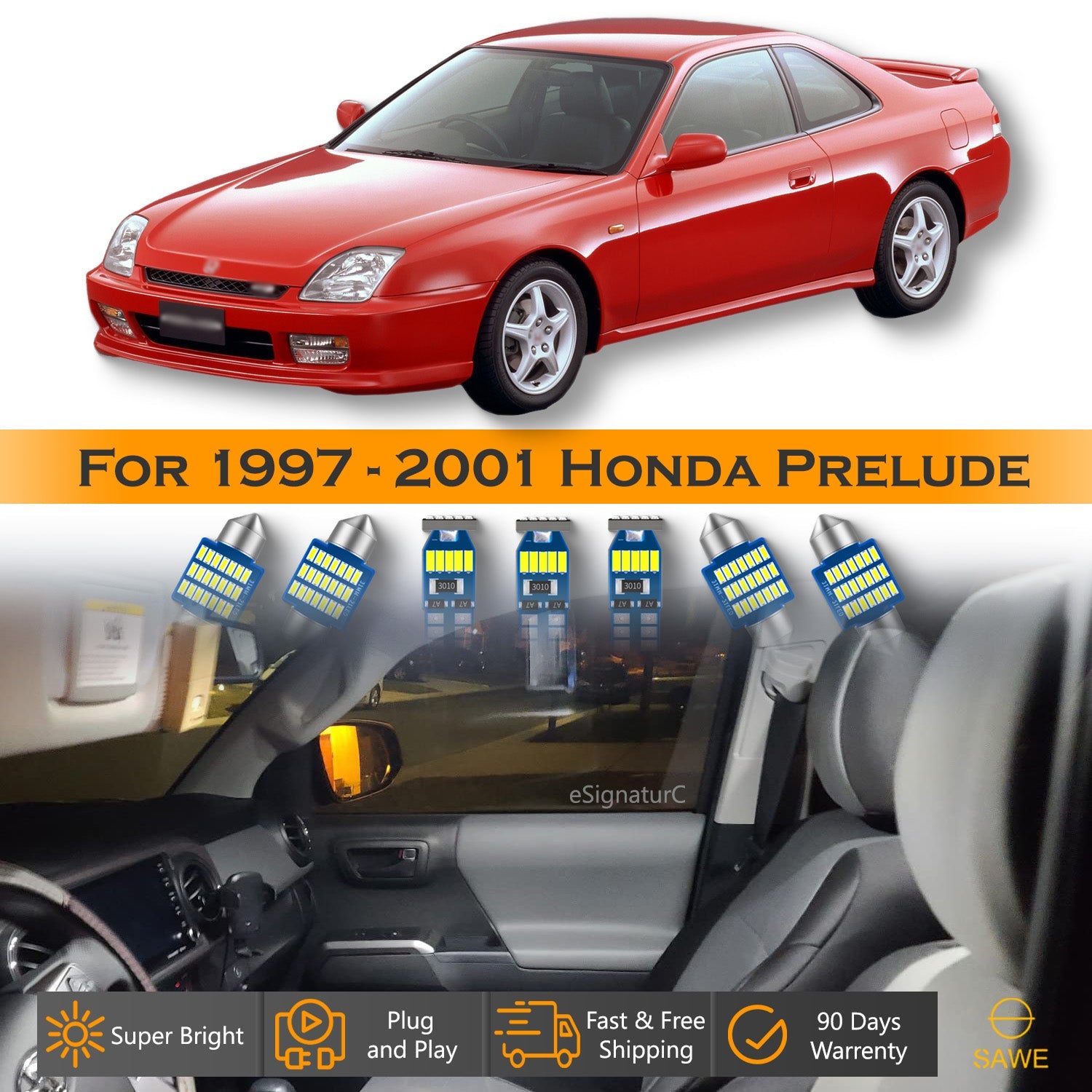 For Honda Prelude Interior LED Lights - Dome & Map Lights Package Kit for 1997 - 2001 - White SAWE Lighting