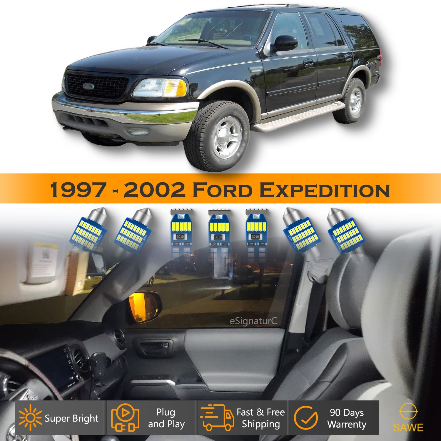 For Ford Expedition Interior LED Lights - Dome & Map Light Bulbs Package Kit for 1997 - 2002 - White SAWE Lighting