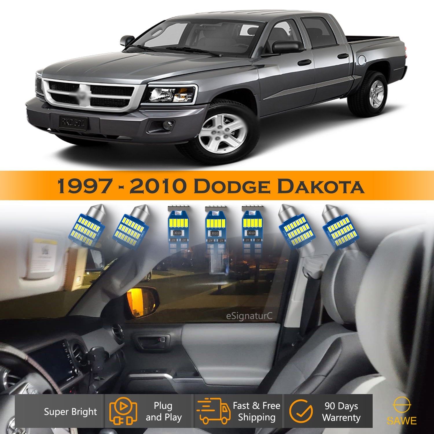 For Dodge Dakota Interior LED Lights - Dome & Map Lights Package Kit for 1997 - 2010 - White SAWE Lighting