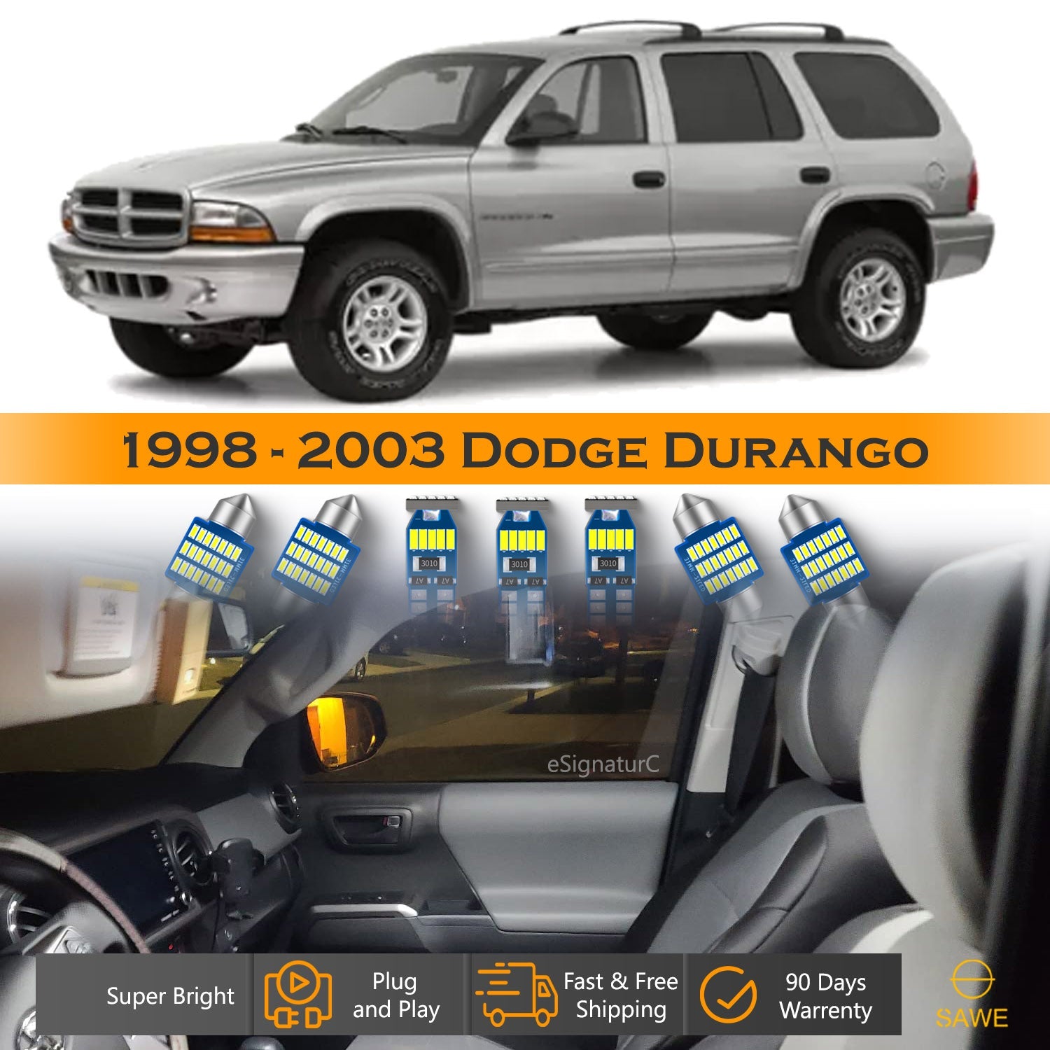 For Dodge Durango Interior LED Lights - Dome & Map Lights Package Kit for 1998 - 2003 - White SAWE Lighting