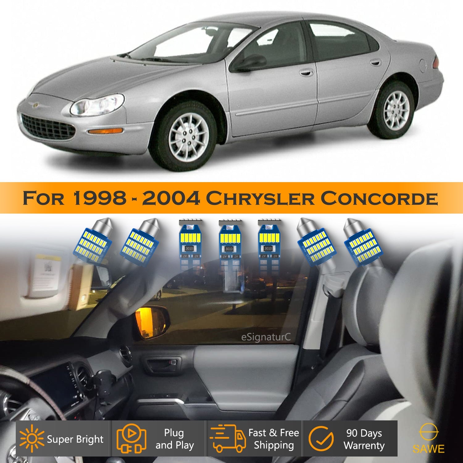 For Chrysler Concorde Interior LED Lights - Dome & Map Light Bulbs Package Kit for 1998 - 2004 - White SAWE Lighting