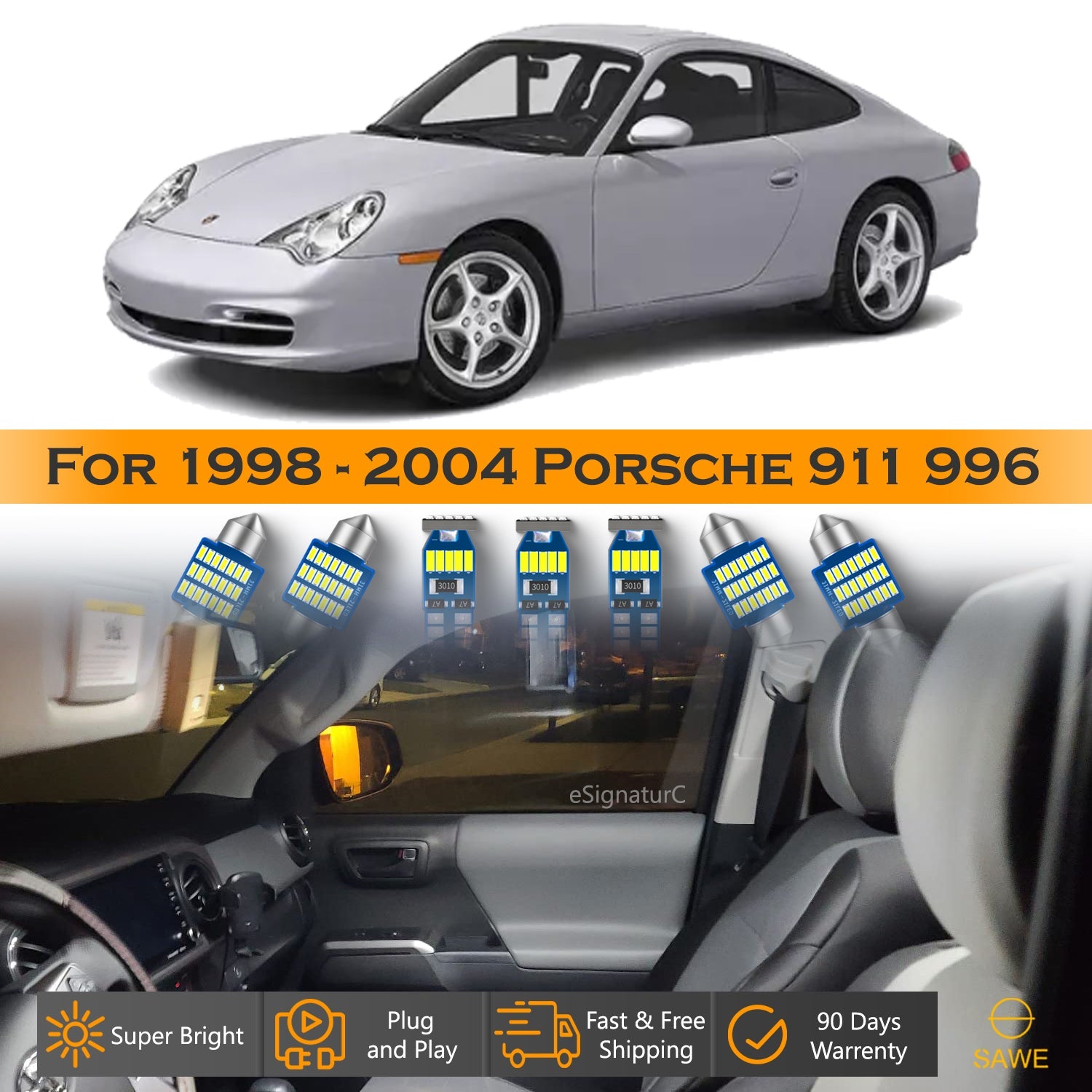 For Porsche 911 996 Interior LED Lights - Dome & Map Light Bulb Package Kit for 1998 - 2004 - White SAWE Lighting