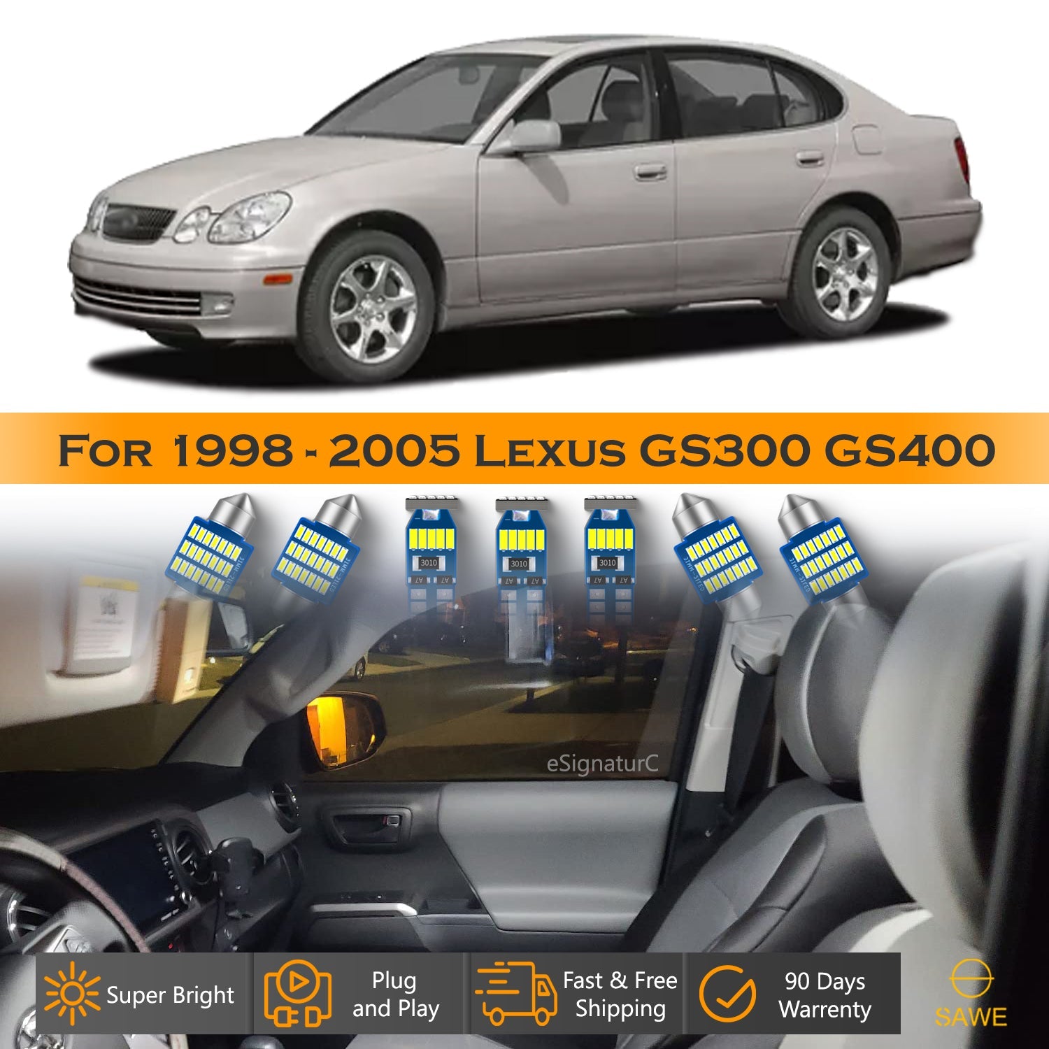 For Lexus GS300 GS400 GS430 Interior LED Lights - Dome & Map Light Bulbs Package Kit for 1998 - 2005 - White SAWE Lighting