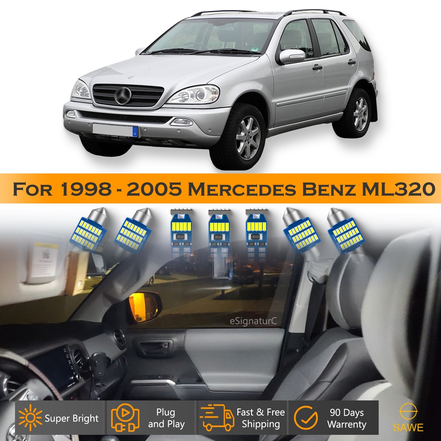 For Mercedes Benz ML320 ML350 Interior LED Lights - Dome & Map Light Bulb Package Kit for 1998 - 2005 - White SAWE Lighting