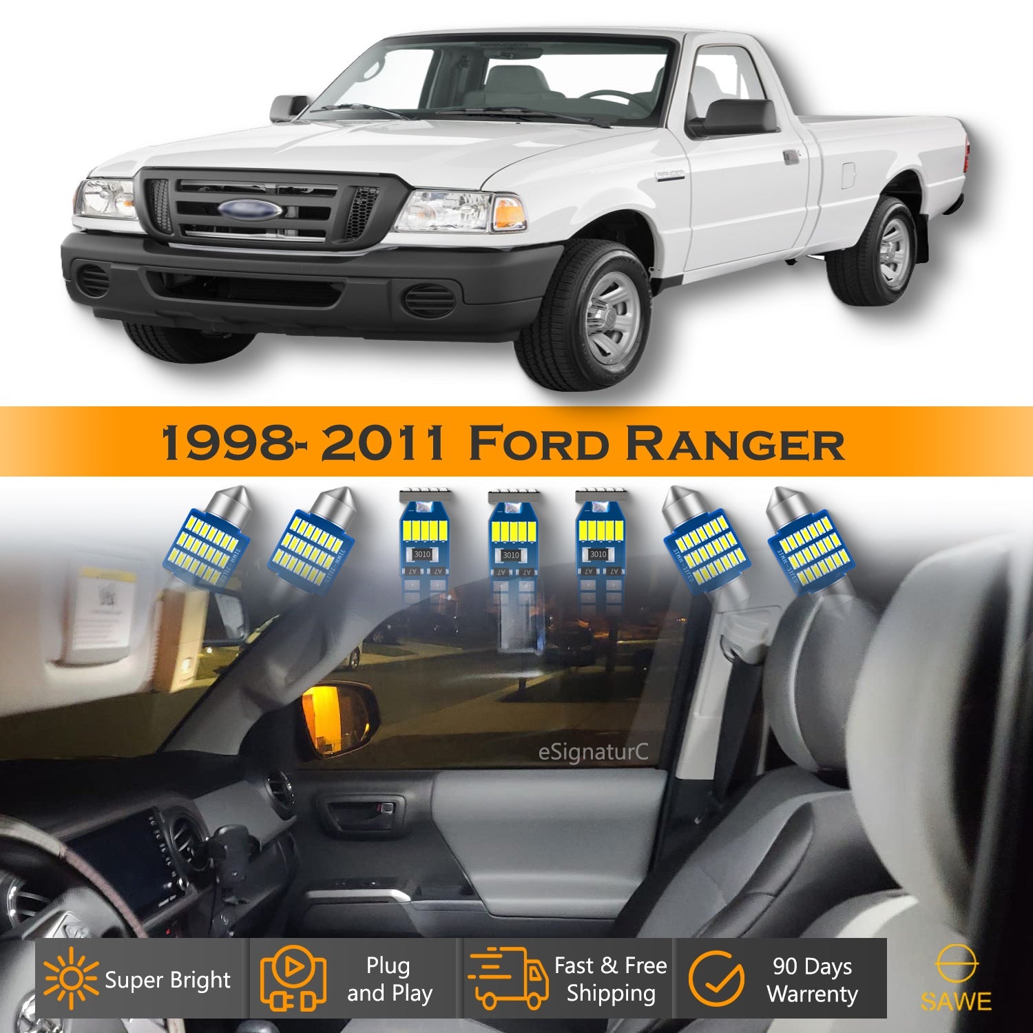 For Ford Ranger Interior LED Lights - Dome & Map Light Bulbs Package Kit for 1998 - 2011 - White SAWE Lighting