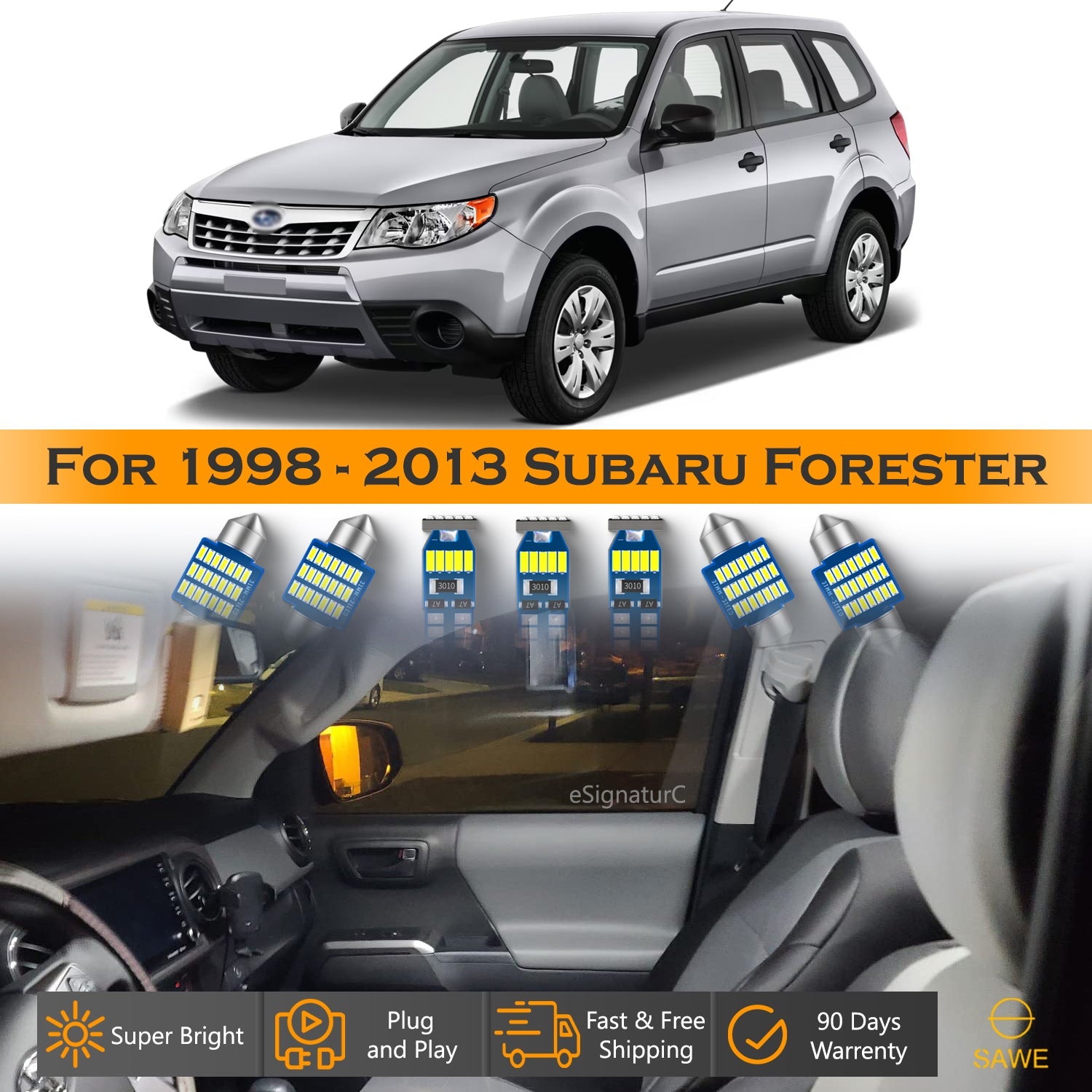 For Subaru Forester Interior LED Lights - Dome & Map Light Bulbs Package Kit for 1998 - 2013 - White SAWE Lighting