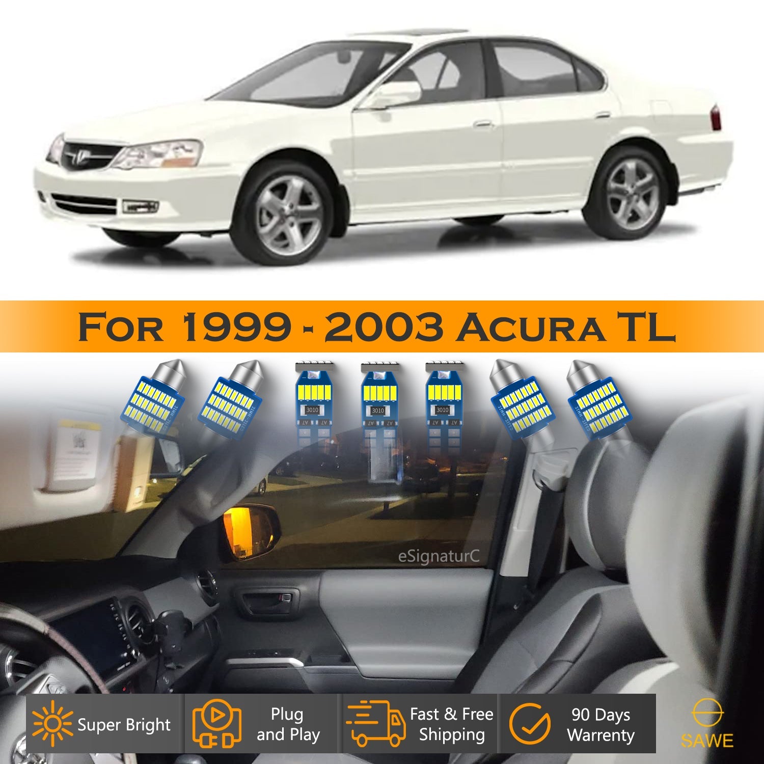 For Acura TL Interior LED Lights - Dome & Map Light Bulbs Package Kit for 1999 - 2003 - White SAWE Lighting
