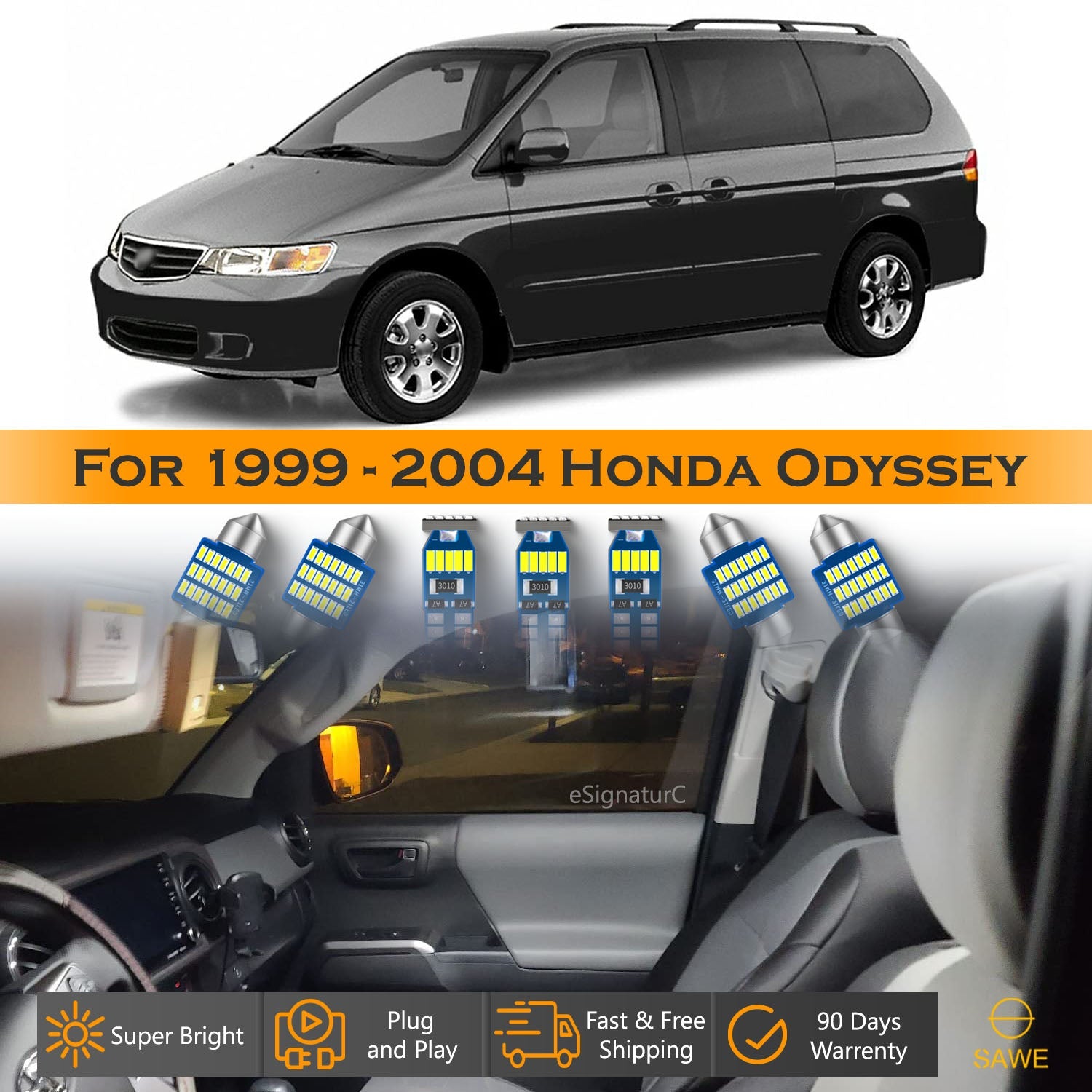 For Honda Odyssey Interior LED Lights - Dome & Map Lights Package Kit for 1999 - 2004 - White SAWE Lighting