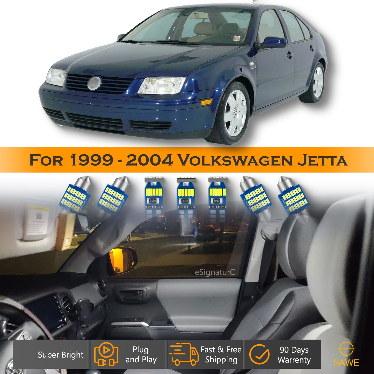 For Volkswagen Jetta Interior LED Lights - Dome & Map Light Bulbs Package Kit for 1999 - 2004 - White SAWE Lighting