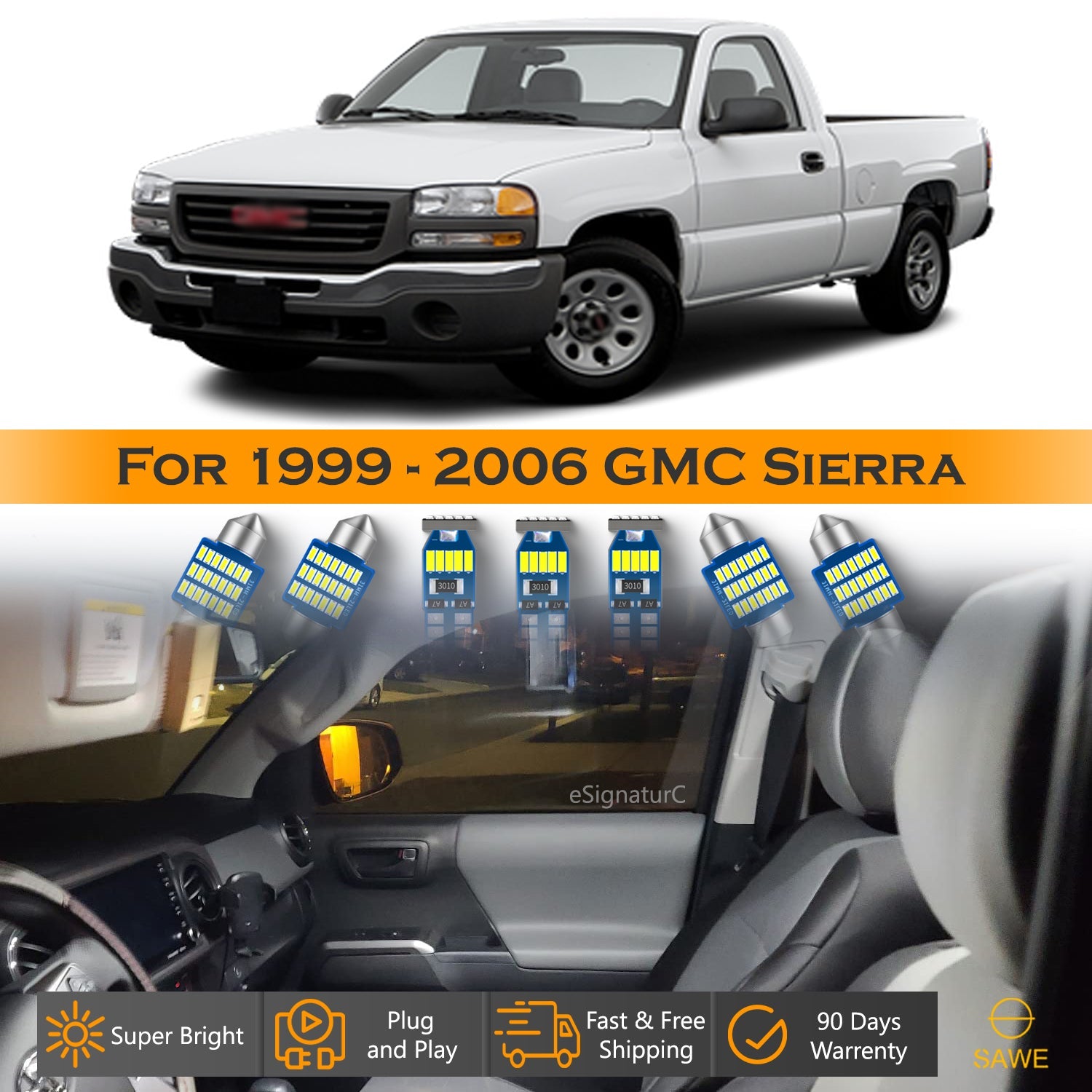 For GMC Sierra Interior LED Lights - Dome & Map Light Bulbs Package Kit for 1999 - 2006 - White SAWE Lighting