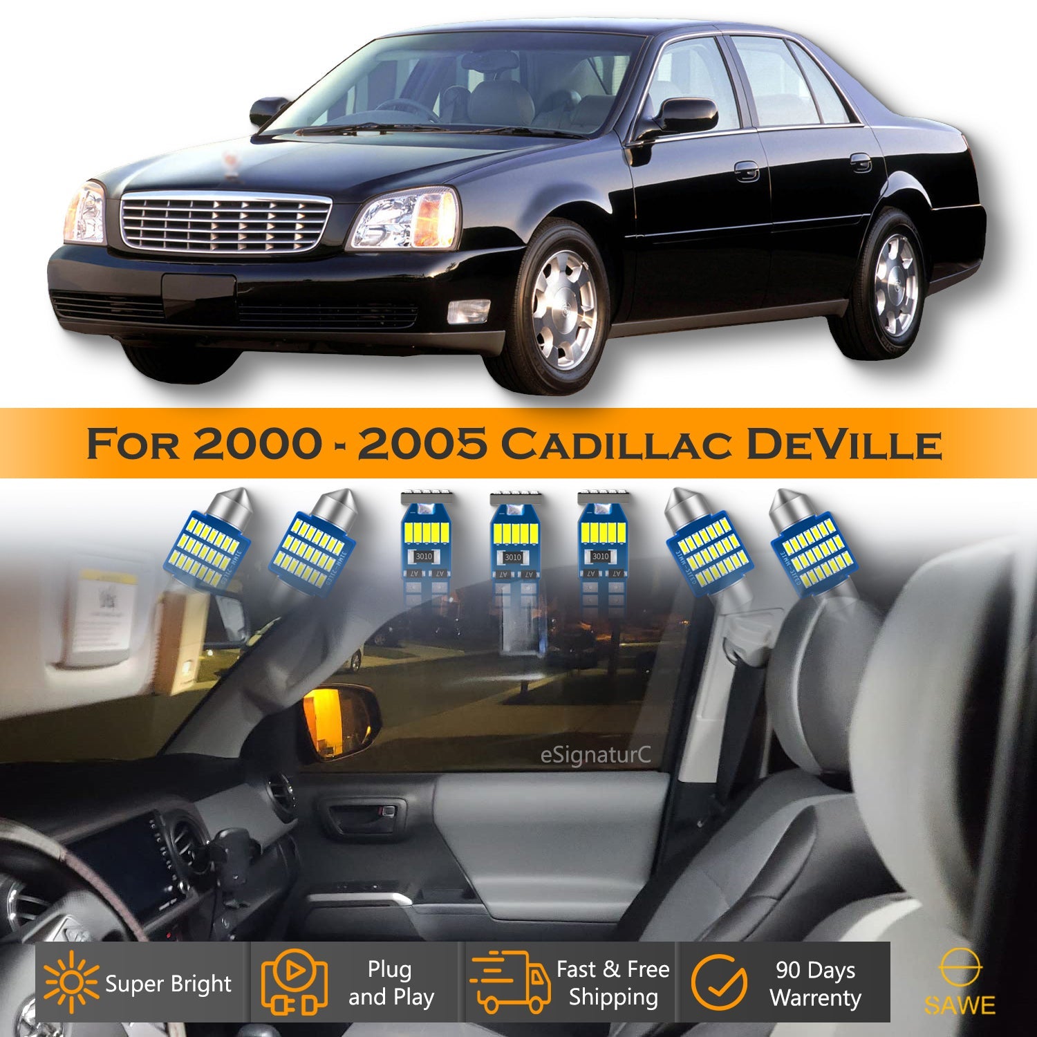 For Cadillac DeVille Interior LED Lights - Dome & Map Light Bulbs Package Kit for 2000 - 2005 - White SAWE Lighting