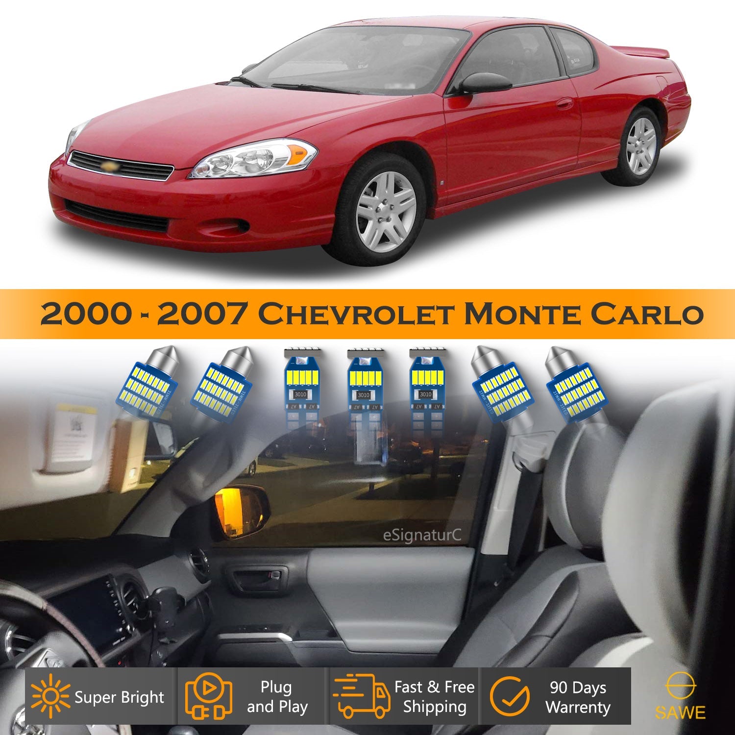 For Chevrolet Monte Carlo Interior LED Lights - Dome & Map Lights Package Kit for 2000 - 2007 - White SAWE Lighting