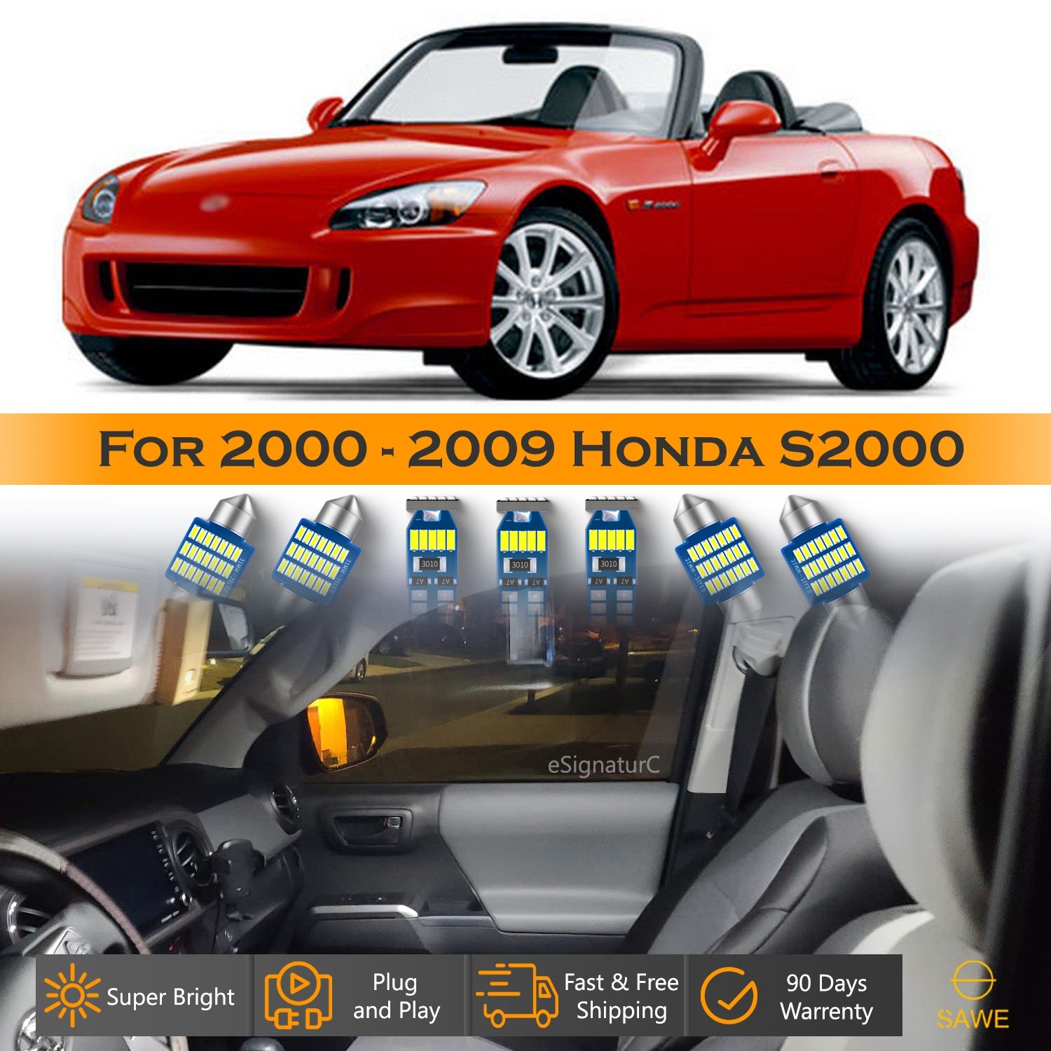For Honda S2000 Interior LED Lights - Dome & Map Lights Package Kit for 2000 - 2009 - White SAWE Lighting