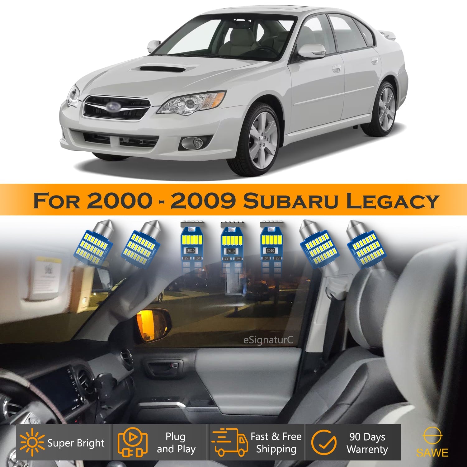 For Subaru Legacy Interior LED Lights - Dome & Map Light Bulbs Package Kit for 2000 - 2009 - White SAWE Lighting
