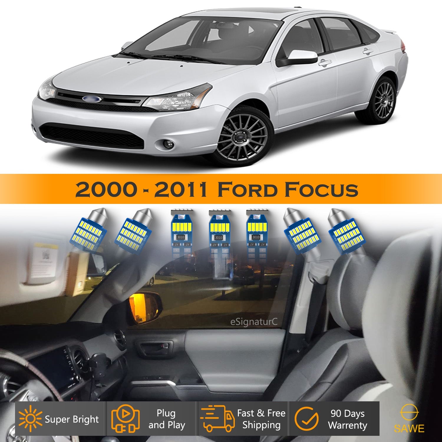 For Ford Focus Interior LED Lights - Dome & Map Light Bulbs Package Kit for 2000 - 2011 - White SAWE Lighting