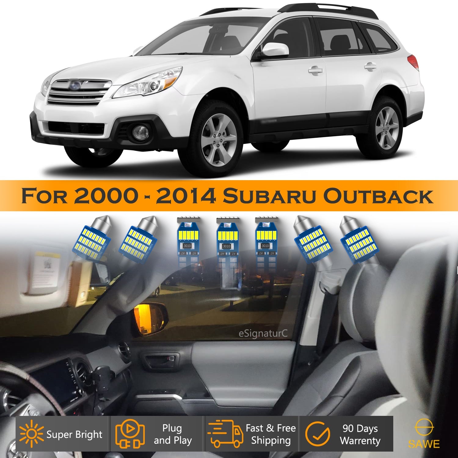 For Subaru Outback Interior LED Lights - Dome & Map Light Bulbs Package Kit for 2000 - 2014 - White SAWE Lighting